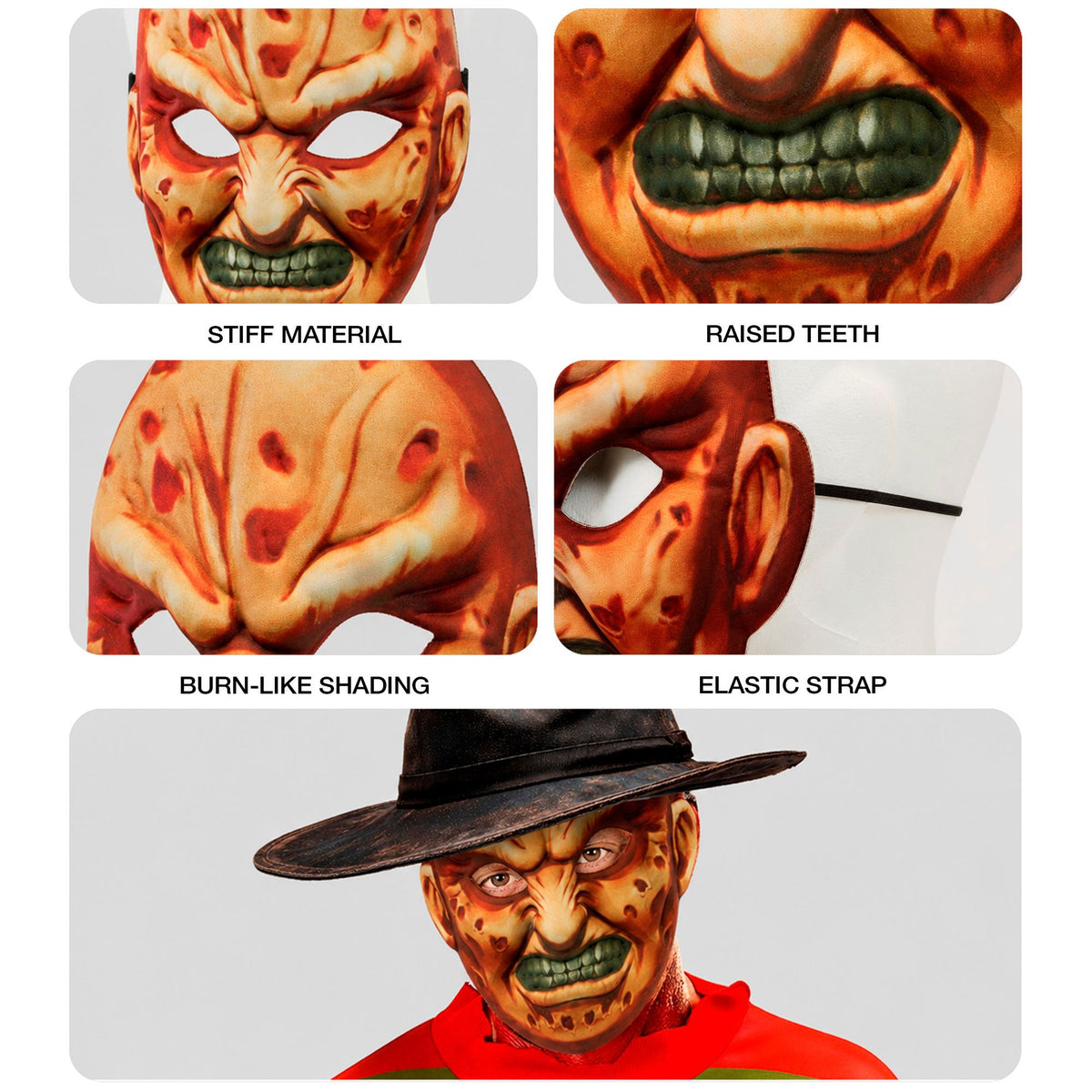 A four-panel collage showcasing the details of the Freddy Fabric mask, highlighting the stiff EVA material, raised teeth, burn-like shading, and the simple elastic strap for easy wearing.
