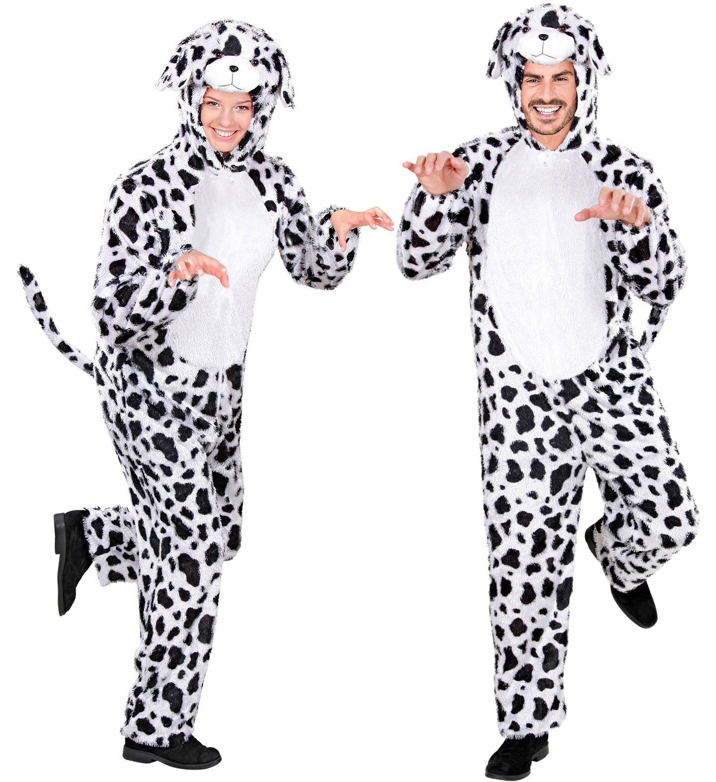 A man and woman wearing a Unisex dalmatian costume featuring a spotted jumpsuit, floppy ears, and a wagging tail.