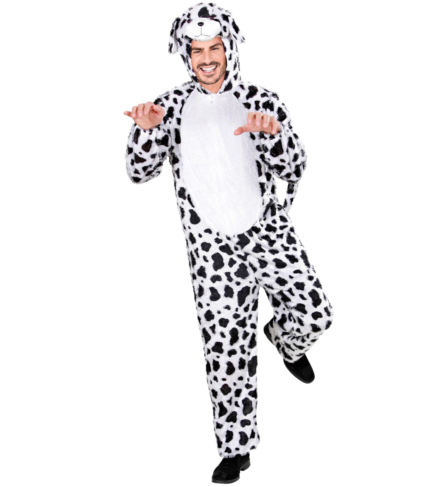 A man wearing a plush, black and white spotted dalmatian jumpsuit with an attached hooded mask.