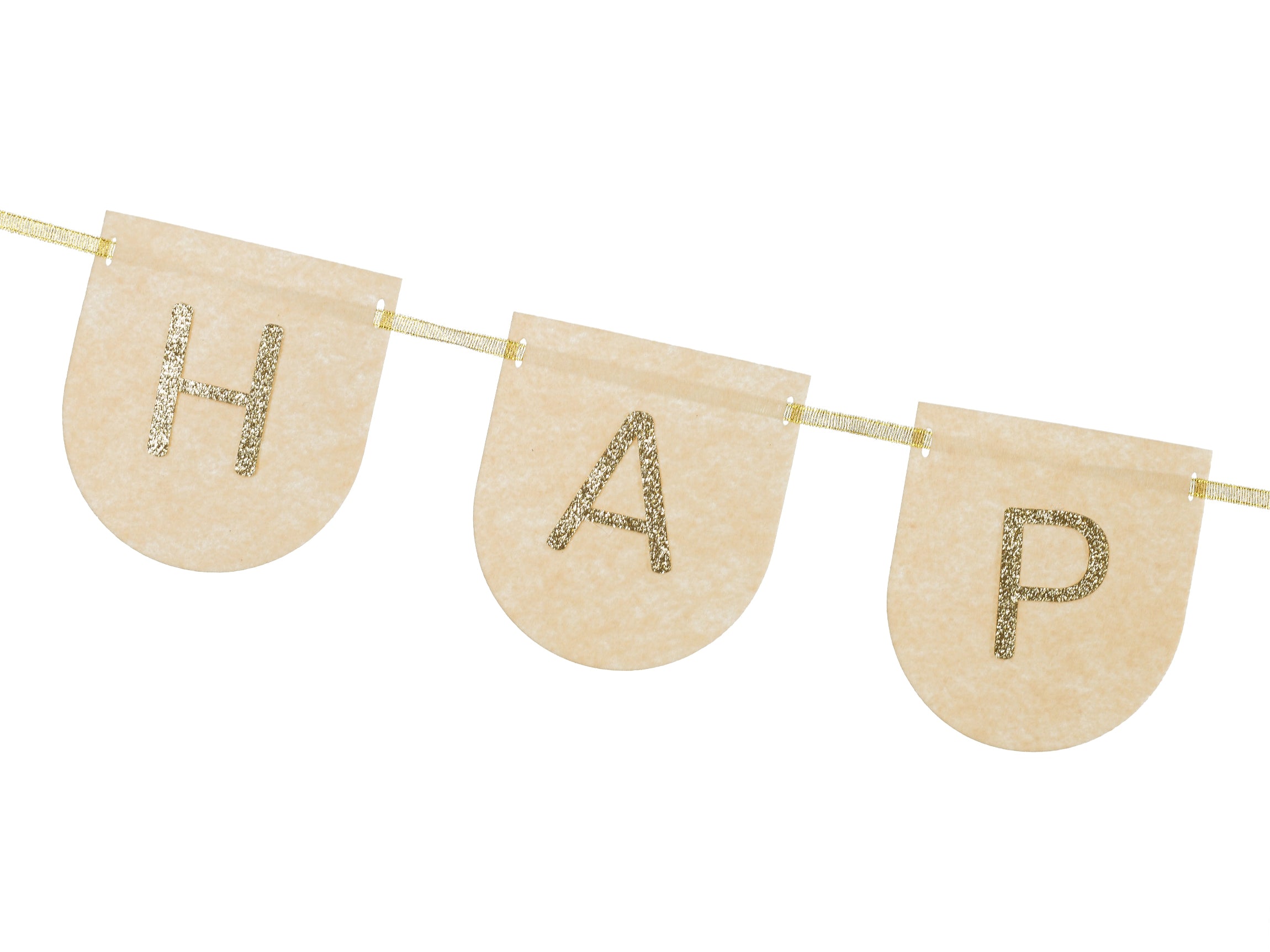 A close-up view of the first few letters "H A P" of a light pink felt "Happy Birthday" banner, showcasing the gold glitter details on the letters and the gold glitter ribbon, against a white background.