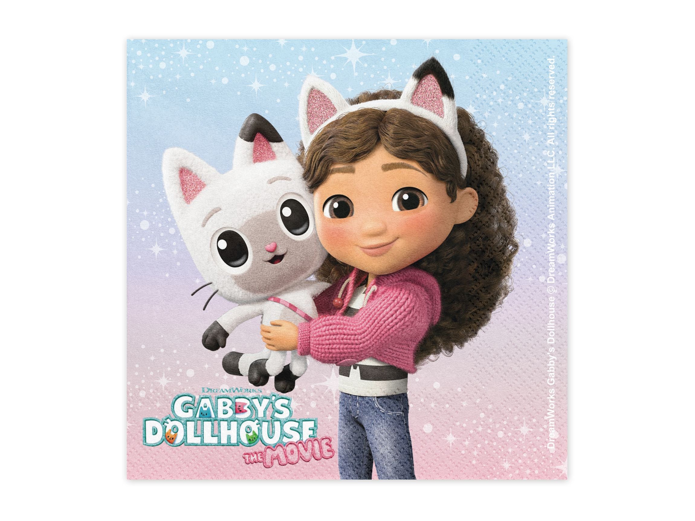 Pack of 20 Gabby's Dollhouse movie paper napkins featuring Gabby and Pandy Paws on a pastel purple background.