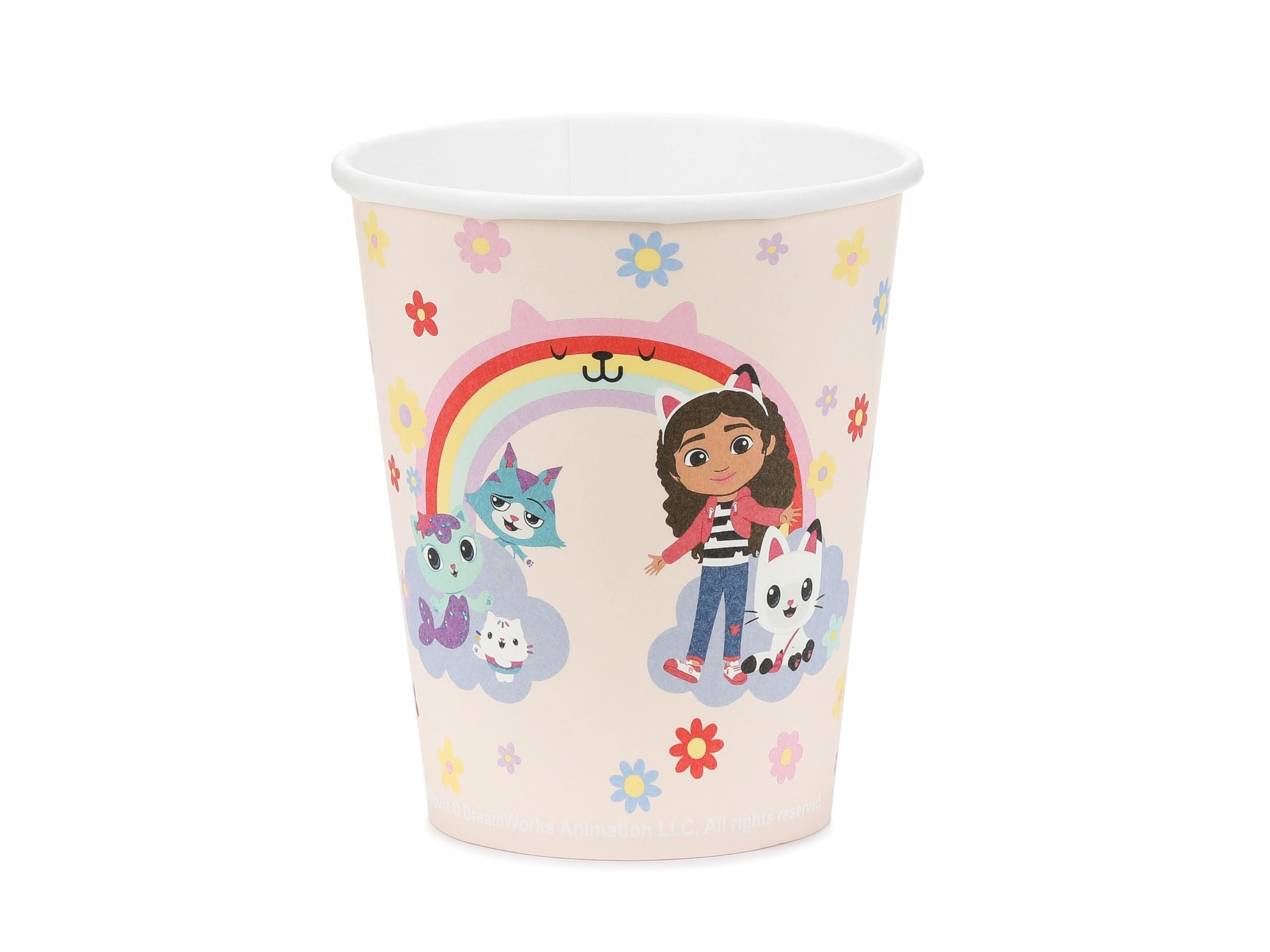 Single paper cup featuring Gabby, Pandy Paws, and MerCat from Gabby's Dollhouse.