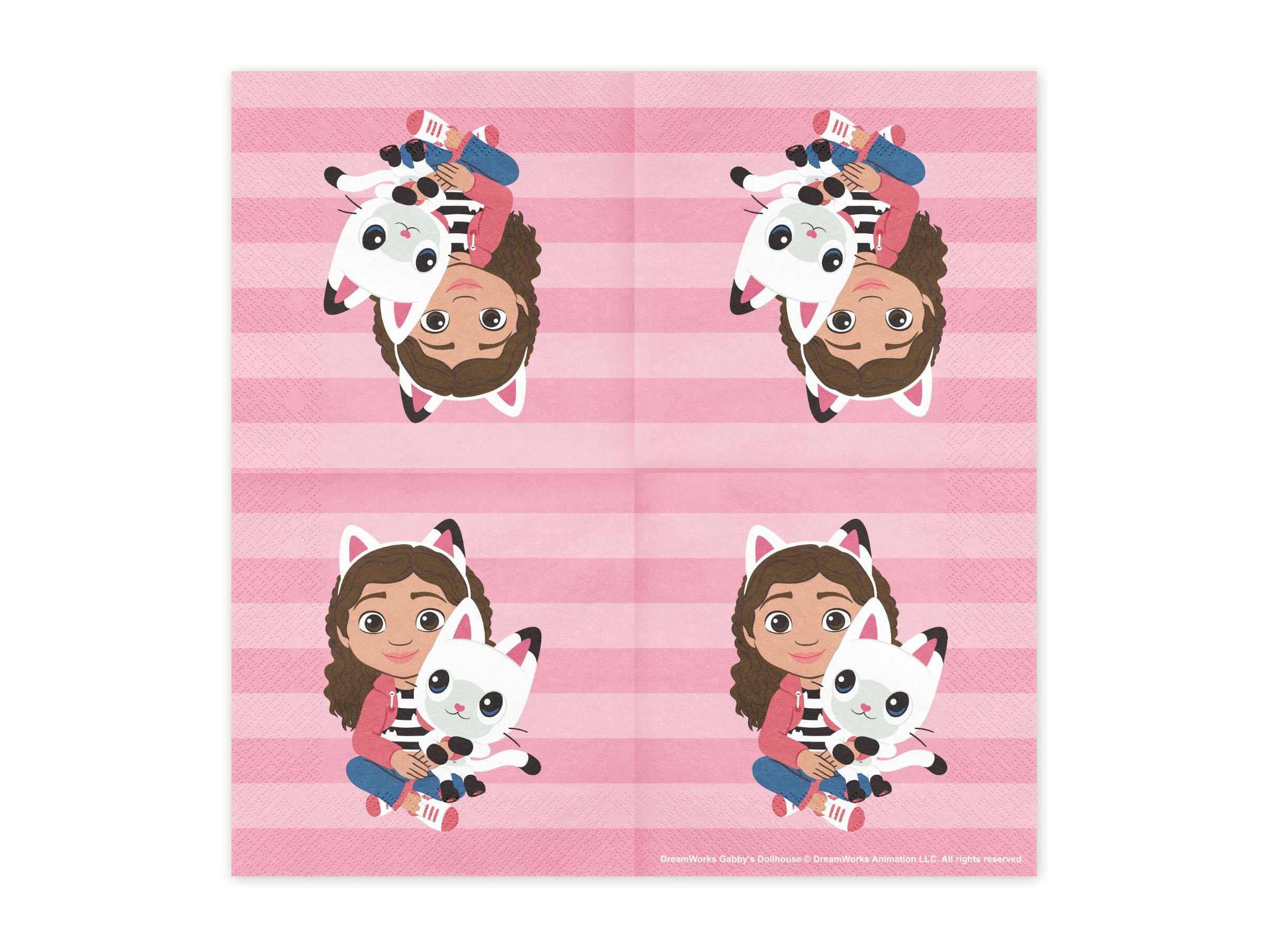 A single unfolded Gabby’s Dollhouse napkin showing the character design and pink stripes.