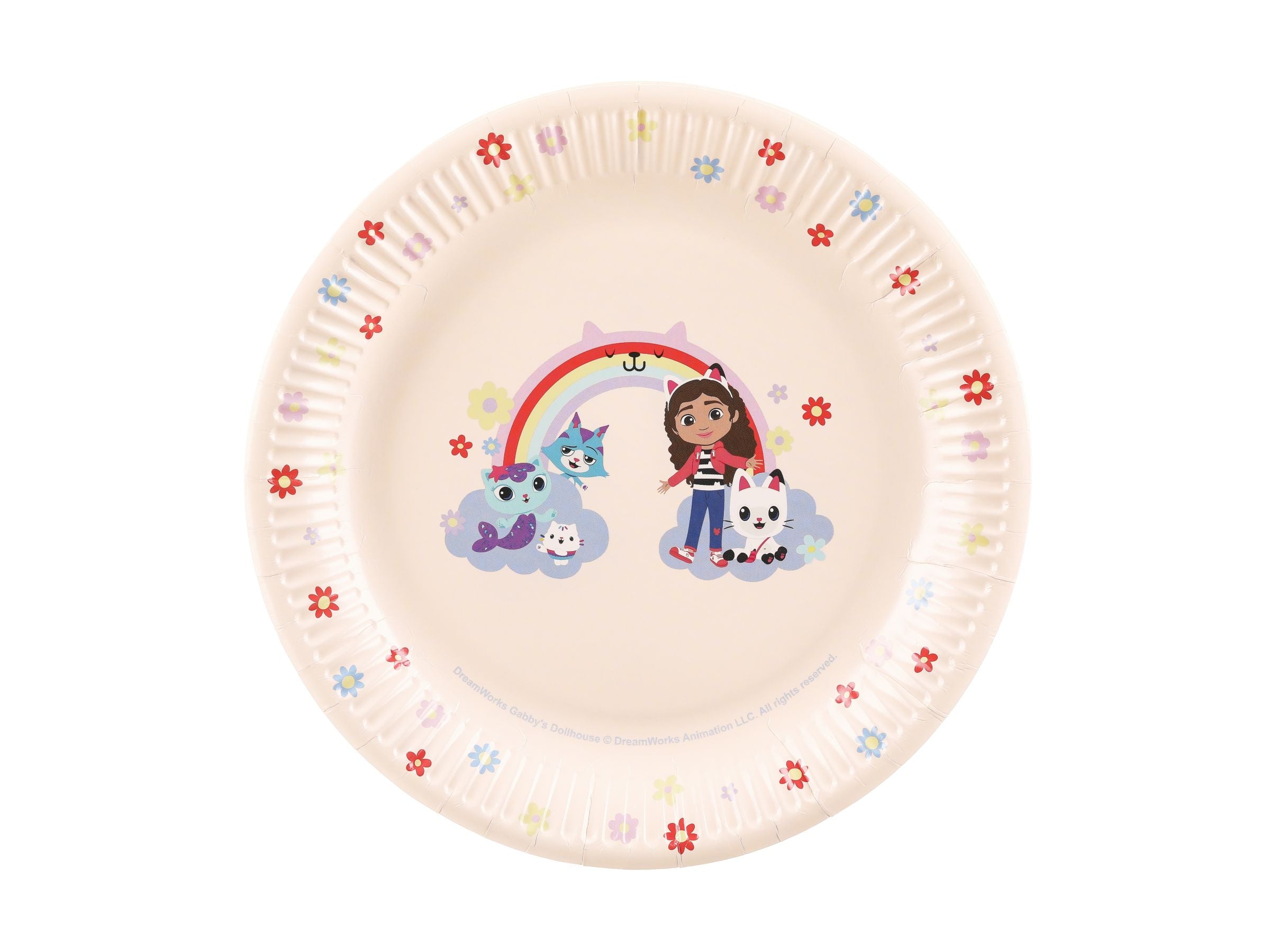 Large paper plate featuring Gabby, Pandy Paws, and MerCat from Gabby's Dollhouse.