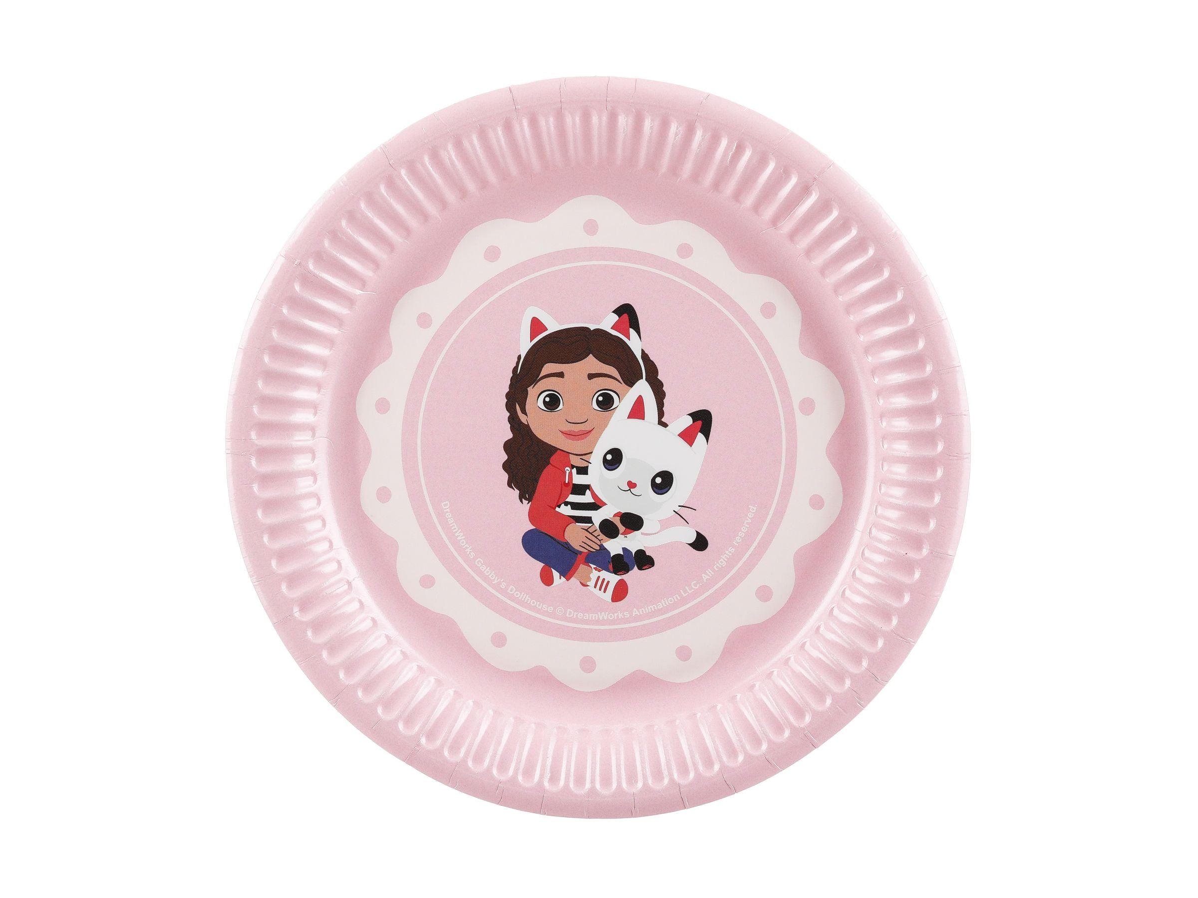 Small pink paper plate featuring Gabby and Pandy Paws from Gabby's Dollhouse.