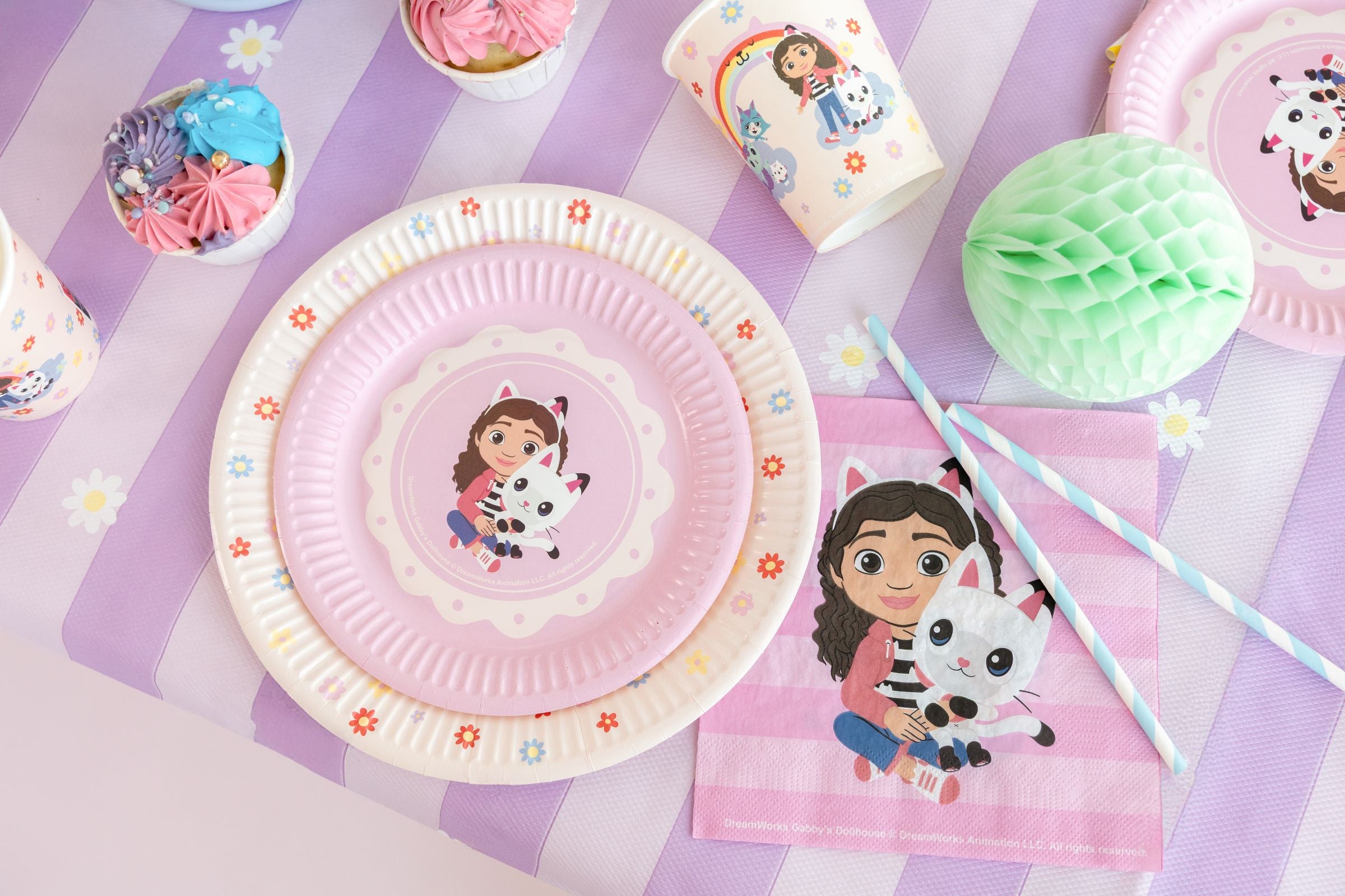 Party supplies with cartoon character on plates, cups, and napkins on a checkered tablecloth.
