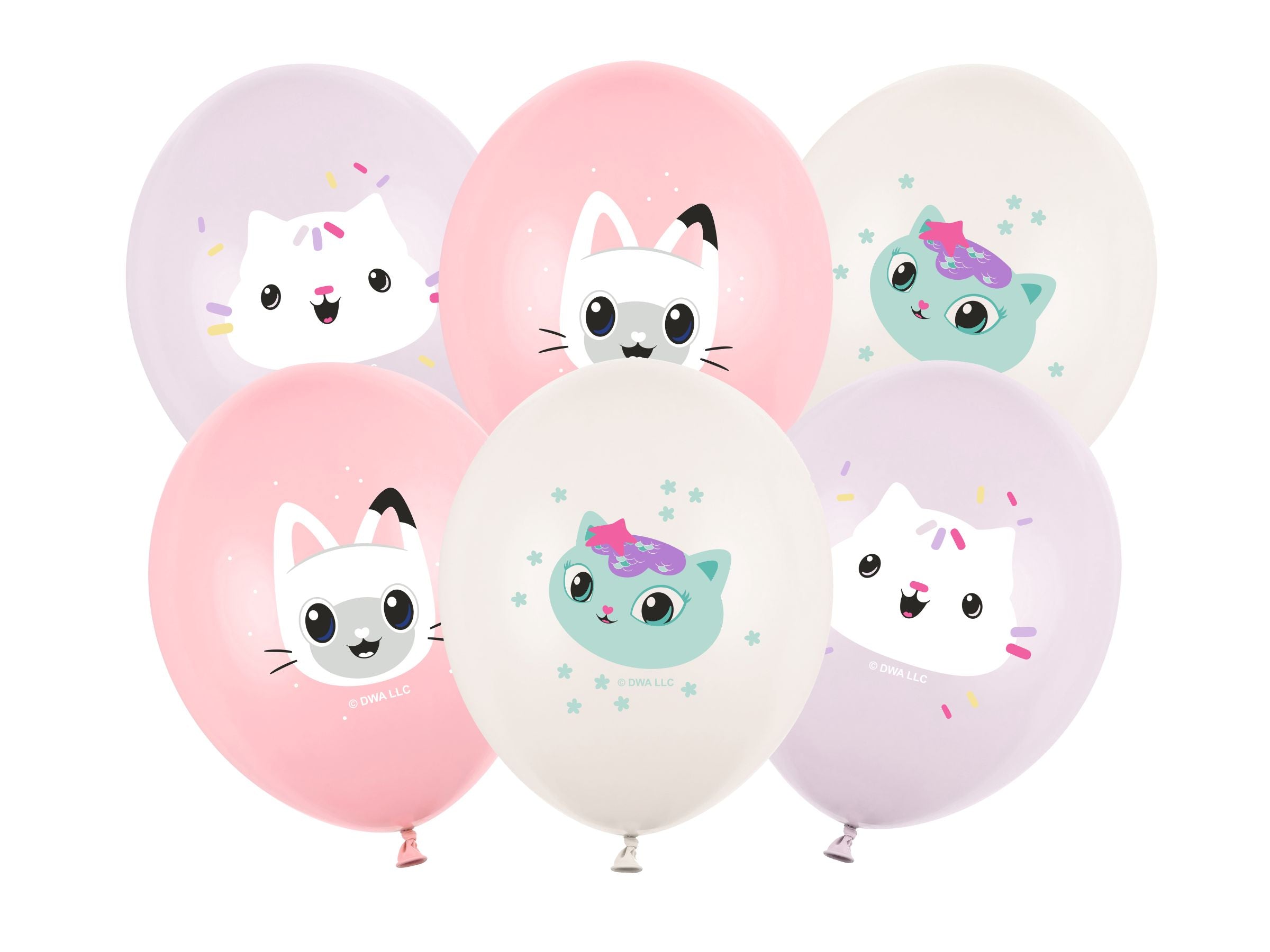 Set of six Gabby's Dollhouse balloons in pastel pink, baby pink, and light nude with kitty character prints.