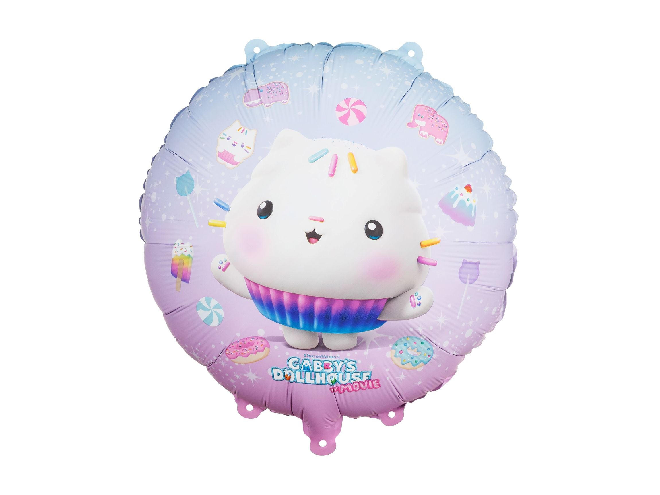 A round foil balloon featuring Cakey Cat from Gabby's Dollhouse with sprinkles and sweets.