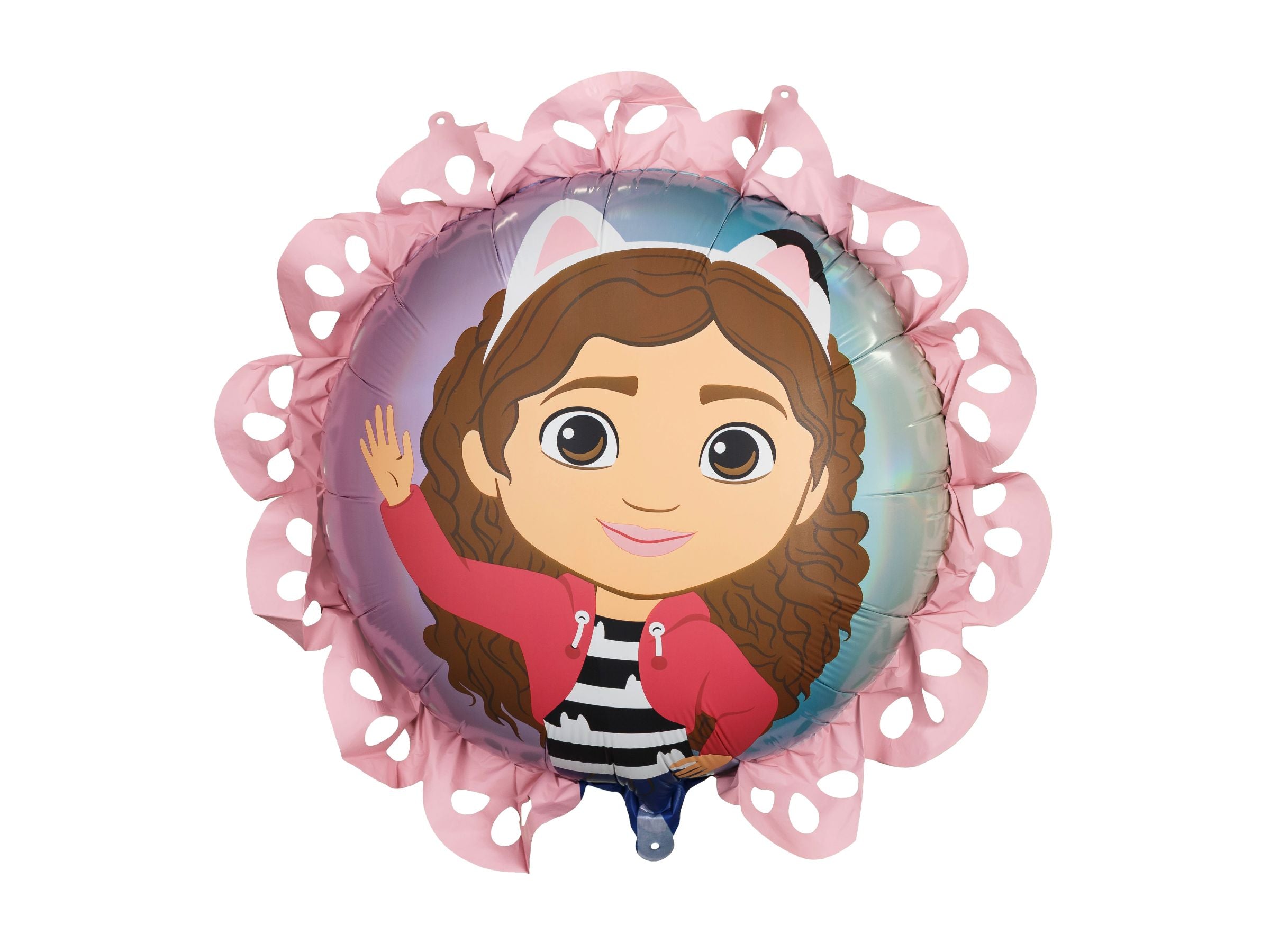 Round Gabby’s Dollhouse foil balloon featuring Gabby with a decorative pink paper ruffle edge.