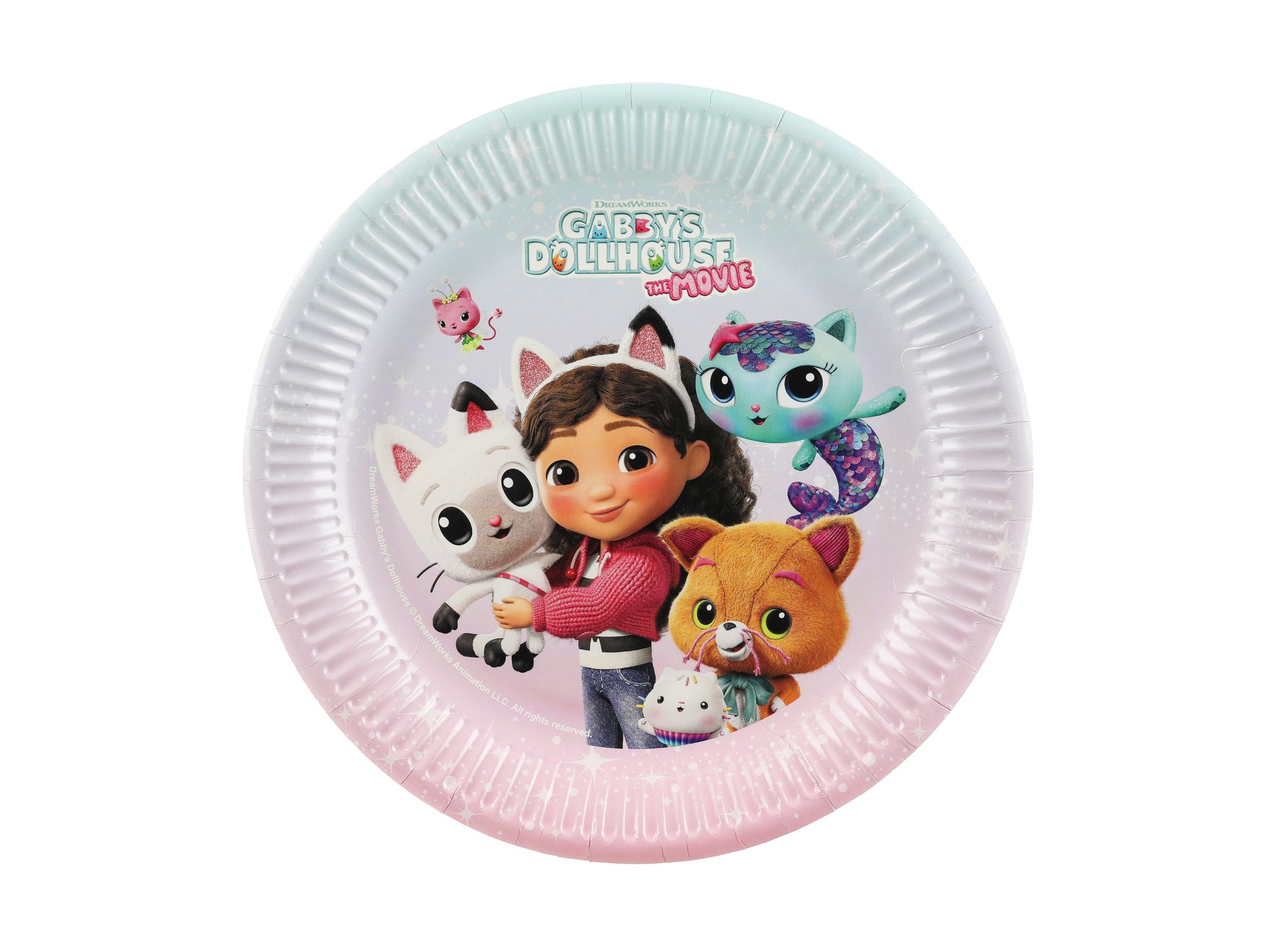 A 23cm round paper party plate featuring Gabby, Pandy Paws, MerCat, and Cakey Cat from Gabby's Dollhouse The Movie, designed with a pastel pink and light blue gradient border.