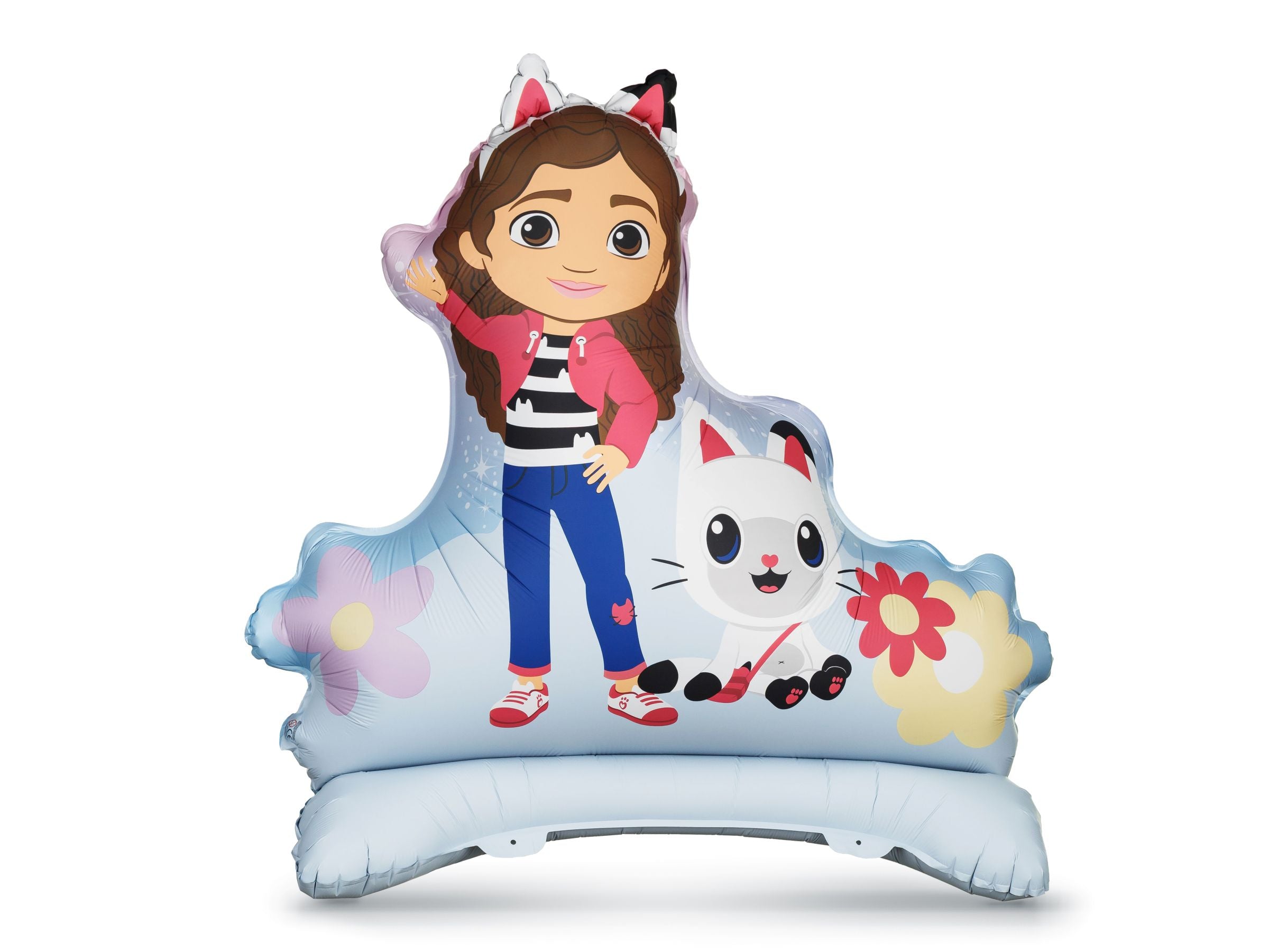 Giant self-standing foil balloon featuring Gabby and Pandy Paws with a light blue background and floral details.