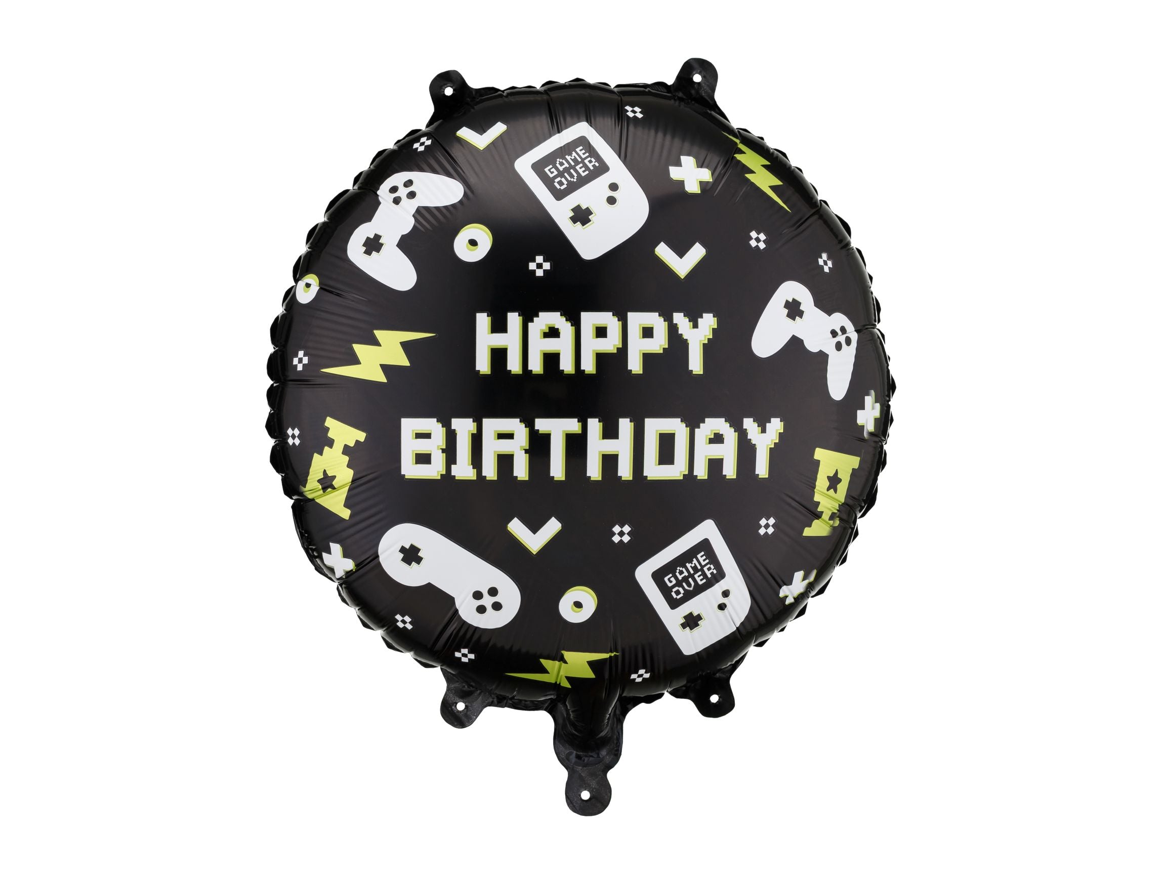 A round black foil balloon with colourful gaming icons and a pixelated Happy Birthday inscription.