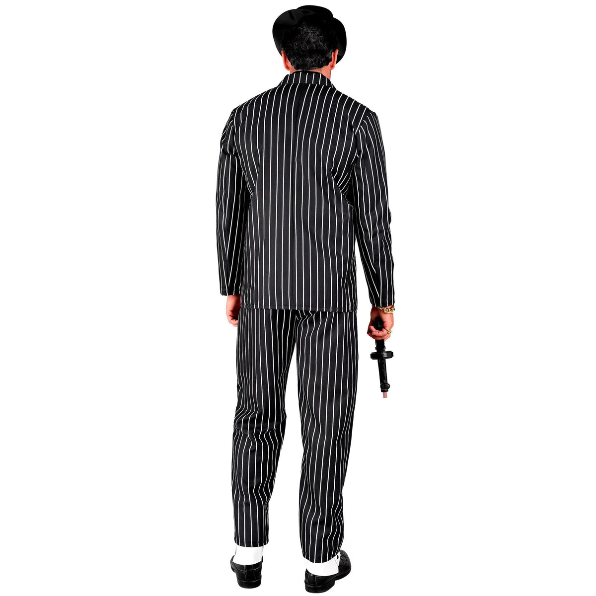 The back view of a men's black and white pinstripe suit costume, showcasing the tailored fit of the jacket and trousers as the model holds a prop gun by his side.