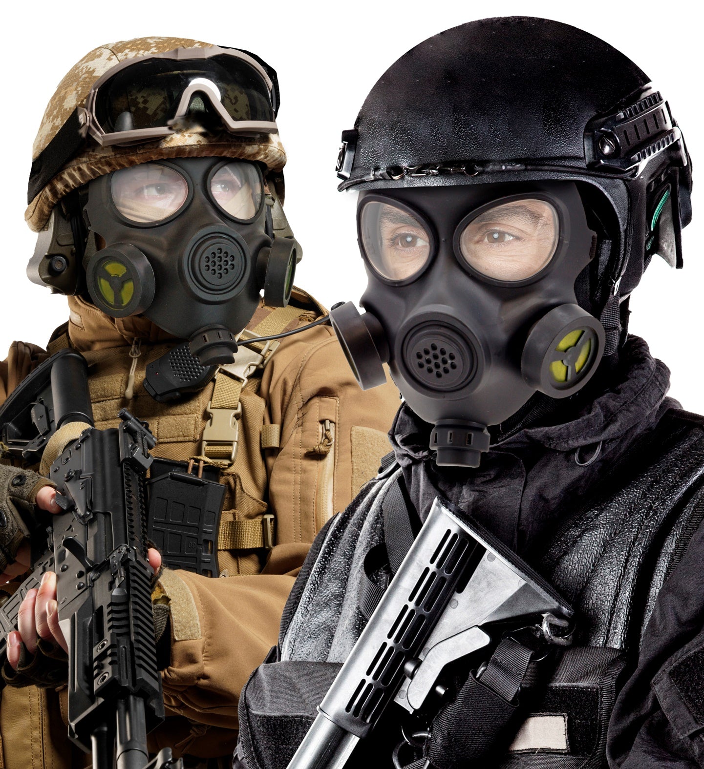 Two men in costume wearing the black gas mask, one in S.W.A.T. gear and the other in soldier's fatigues.
