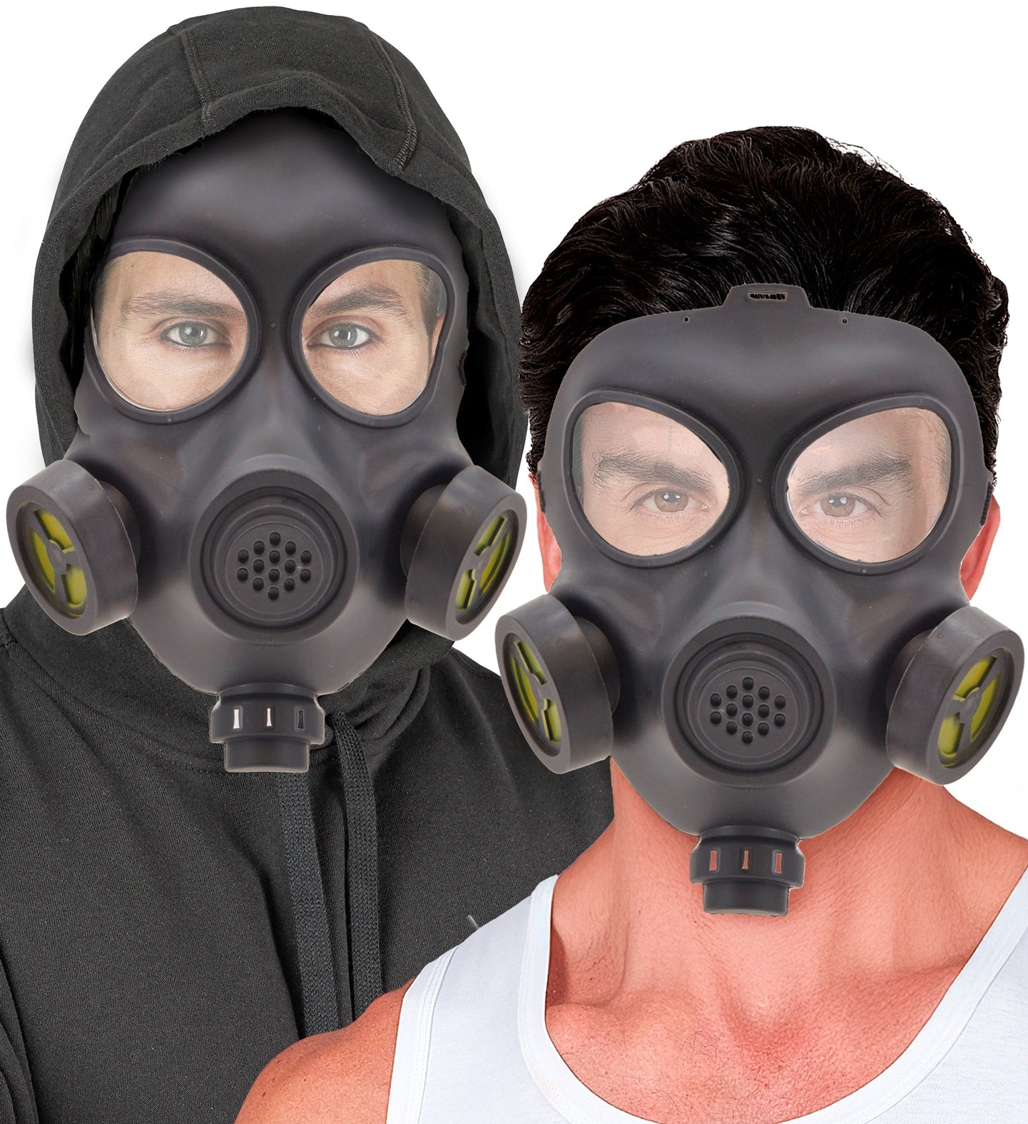 Two men modeling the black gas mask as a costume accessory, one wearing a black hoodie and the other a white tank top.