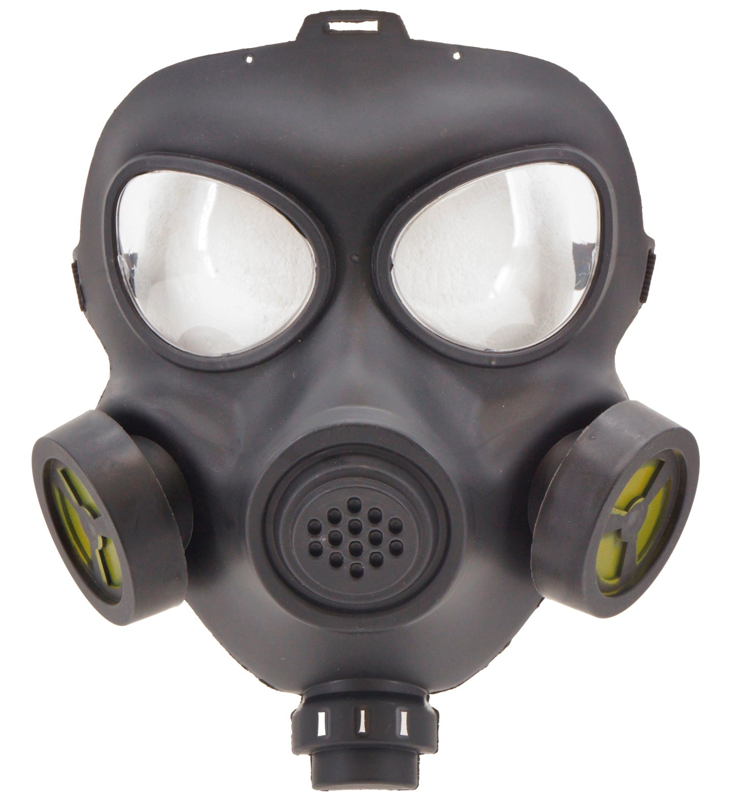 A black hard plastic costume gas mask with clear eye lenses and side filter details, shown on a white background.
