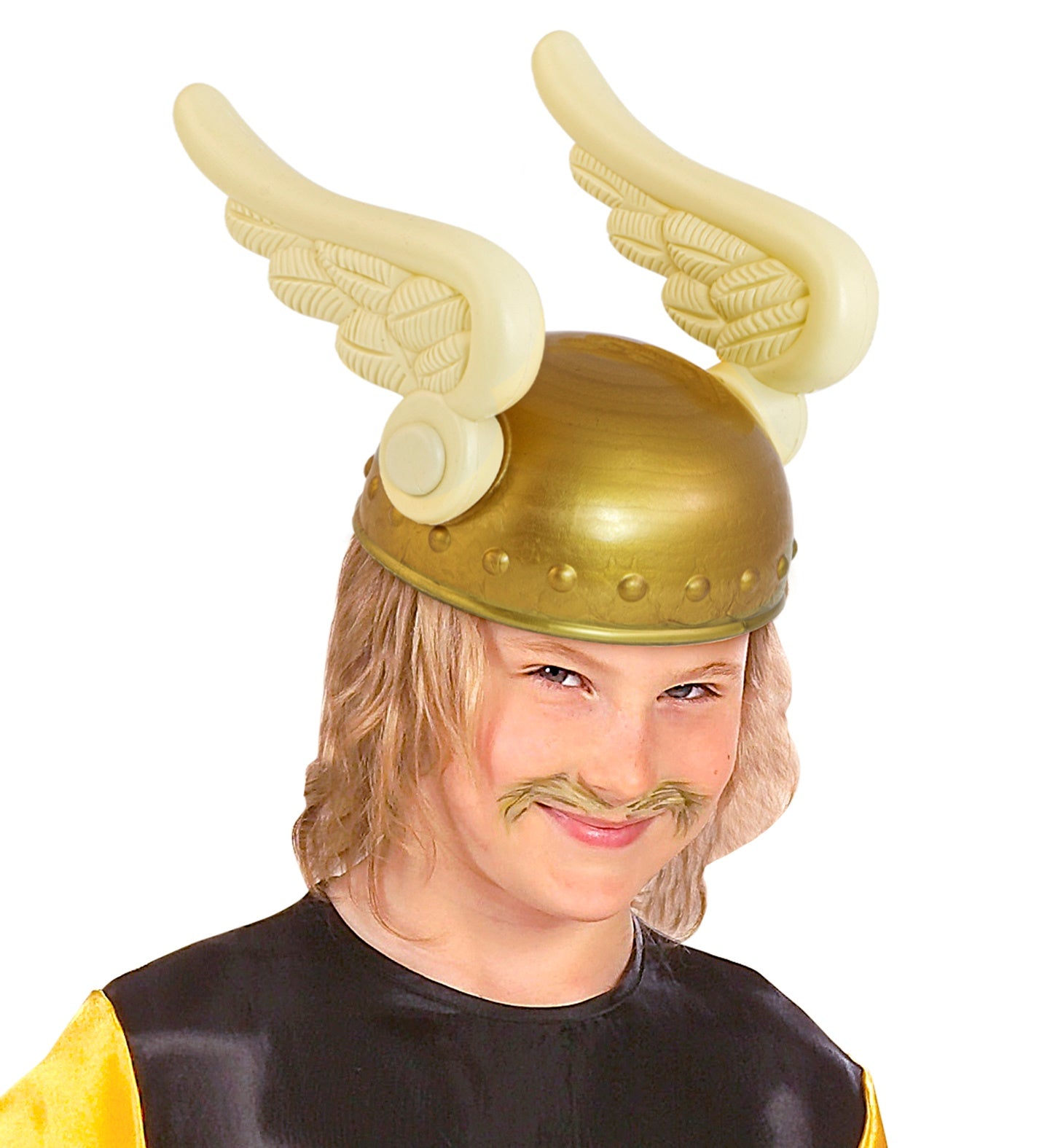 Child wearing a gold Asterisk the Gaul helmet with horns on a white background