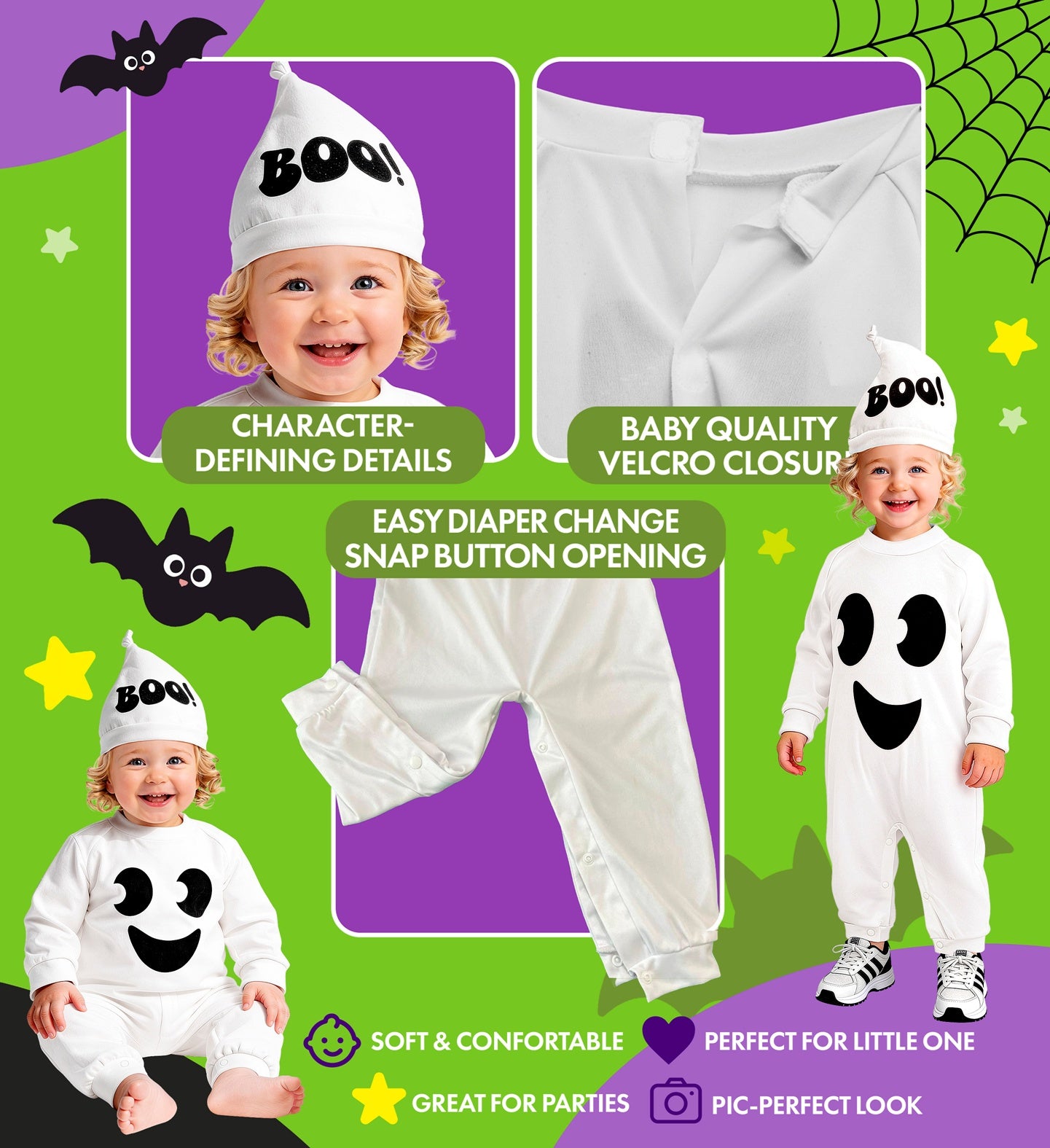 A multi-panel product collage highlighting the details of a baby and toddler ghost costume, showing close-ups of the printed "BOO!" cap, the soft velcro back closure, the convenient inner leg diaper changing snaps, and children wearing the outfit.