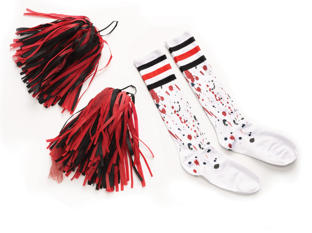 The included accessories for the Scream Team costume: a pair of red and black pompoms and a pair of white knee-high socks with blood splatter print.