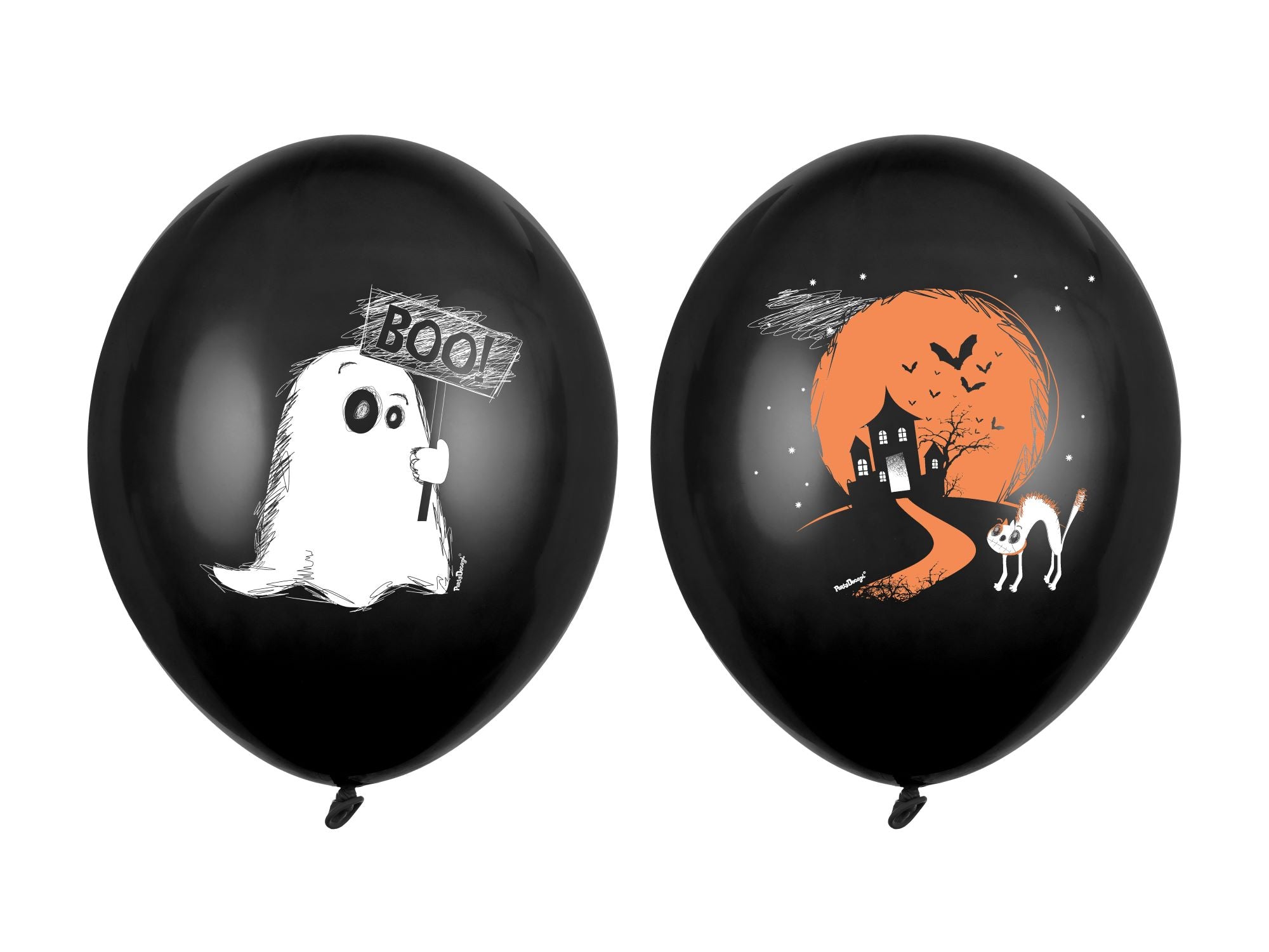 Two round Halloween balloons with ghost and bat designs, one with a 'Boo' sign and the other depicting a spooky house under a moon.