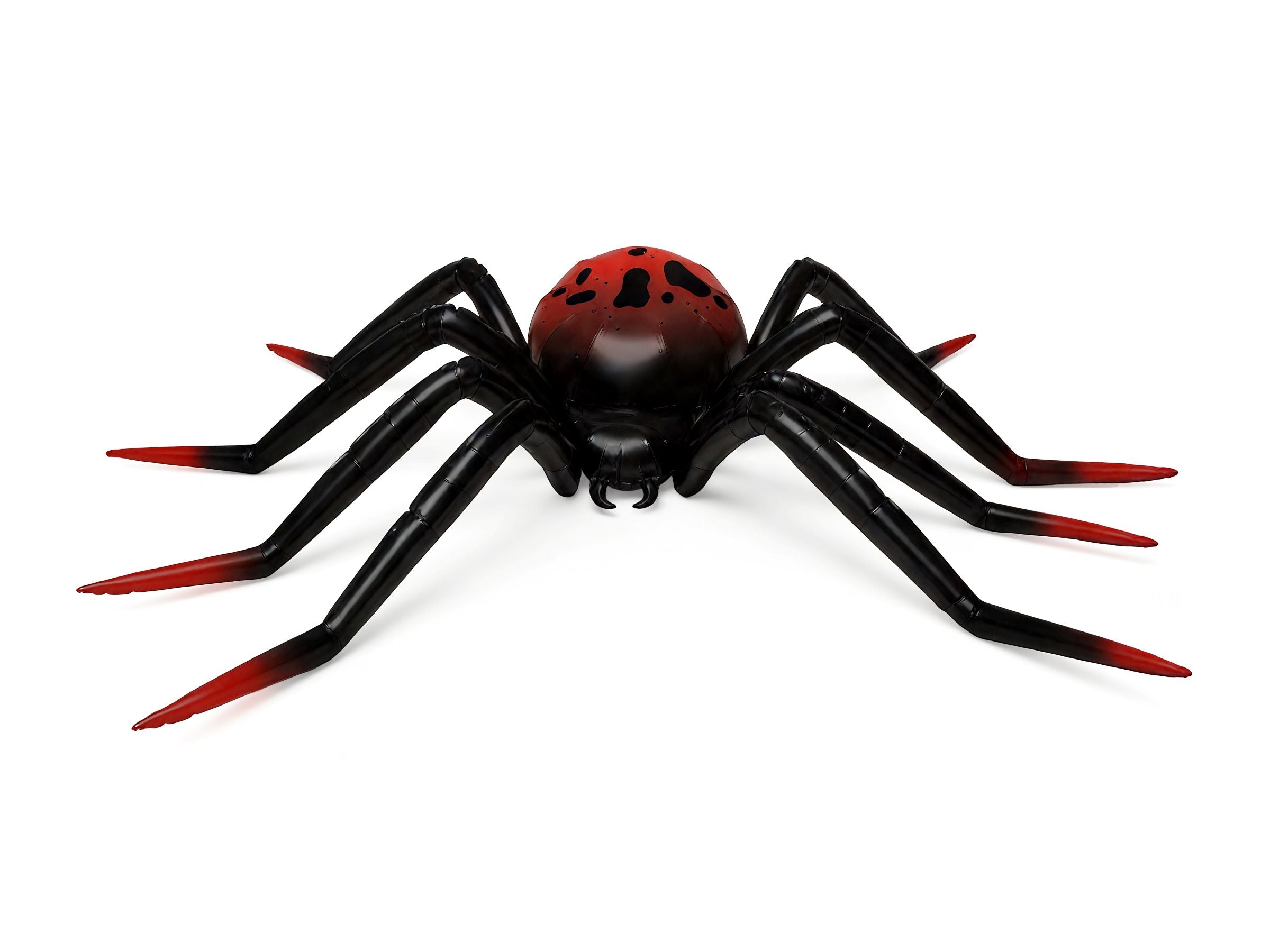 Front view of an inflated giant standing spider foil balloon with a black body, red back markings, and red leg tips.