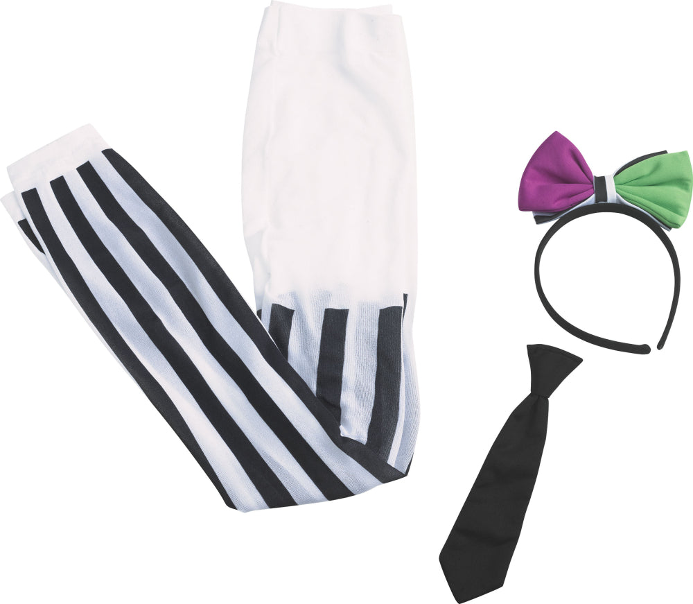 The included accessories for the Giddy Ghostie costume: black and white striped footless tights, a small black tie, and a headband with a purple and green bow.