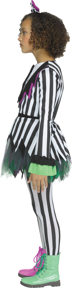Side profile of the Giddy Ghostie costume, highlighting the jagged skirt with purple and green tulle and the asymmetrical lapels.
