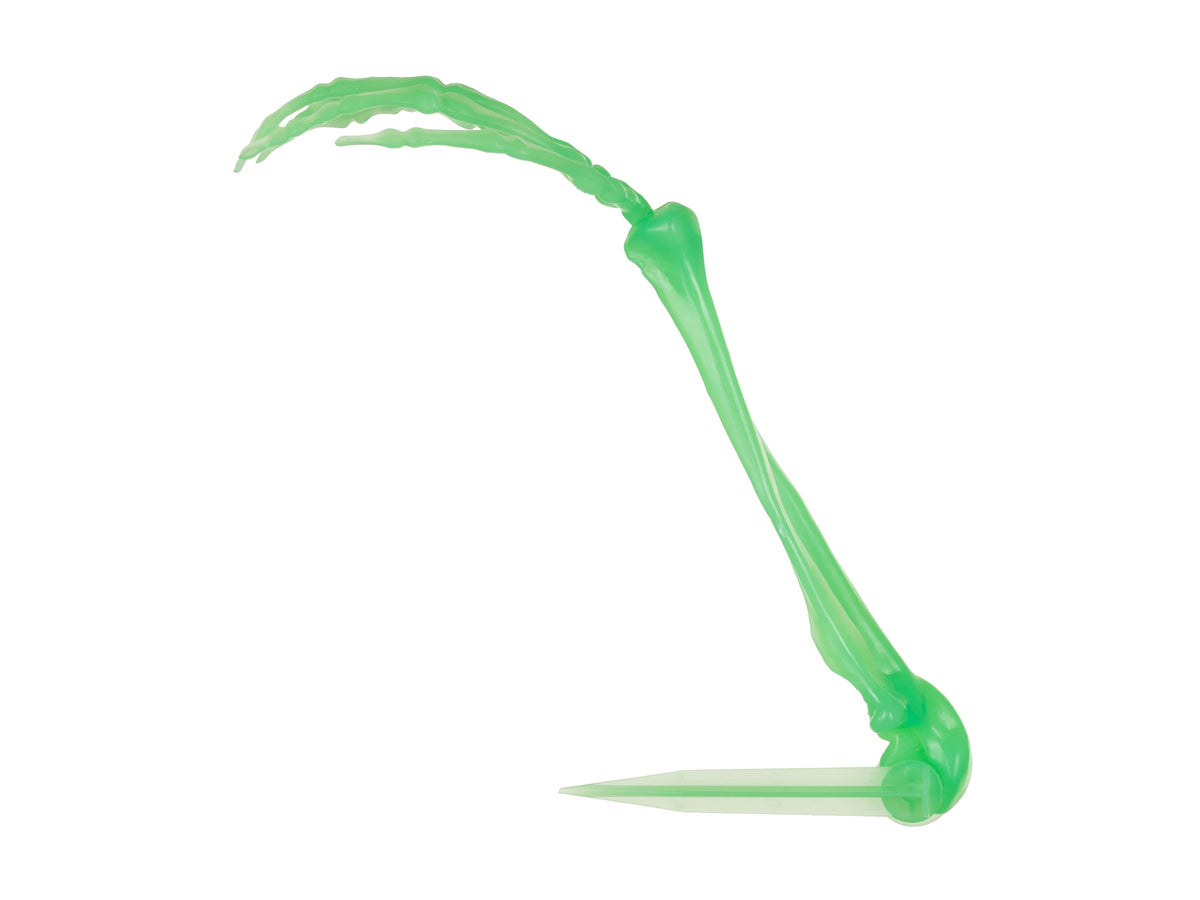 Single glow-in-the-dark skeleton hand and arm with spike mounting point, shown in profile