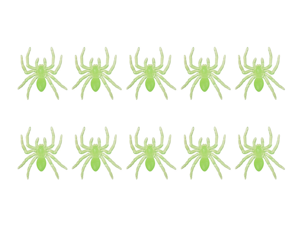 Ten light green plastic spider toys arranged in two rows of five on a plain white background.