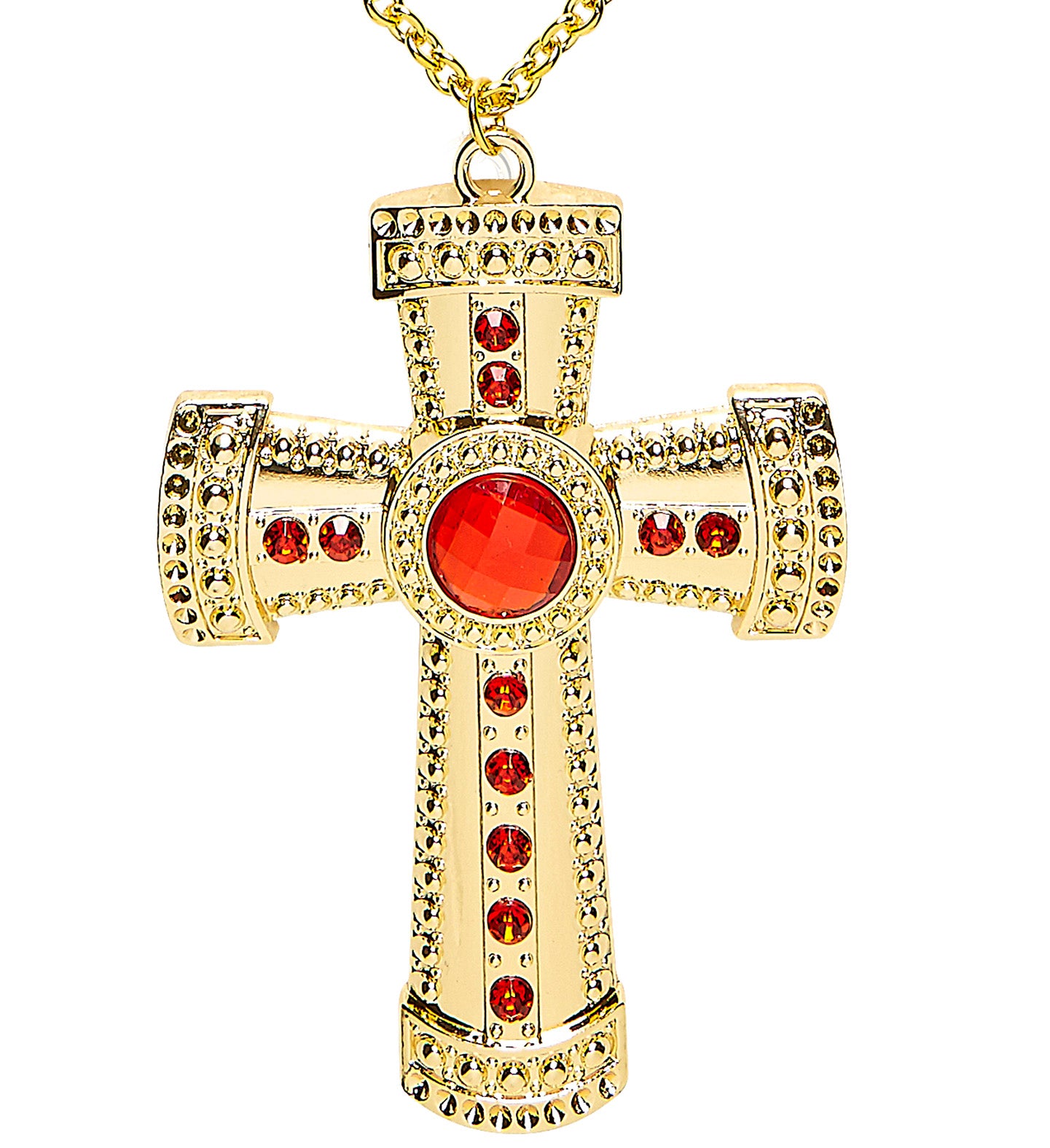 A gold-colored cross necklace costume accessory with red gem accents, displayed against a white background.