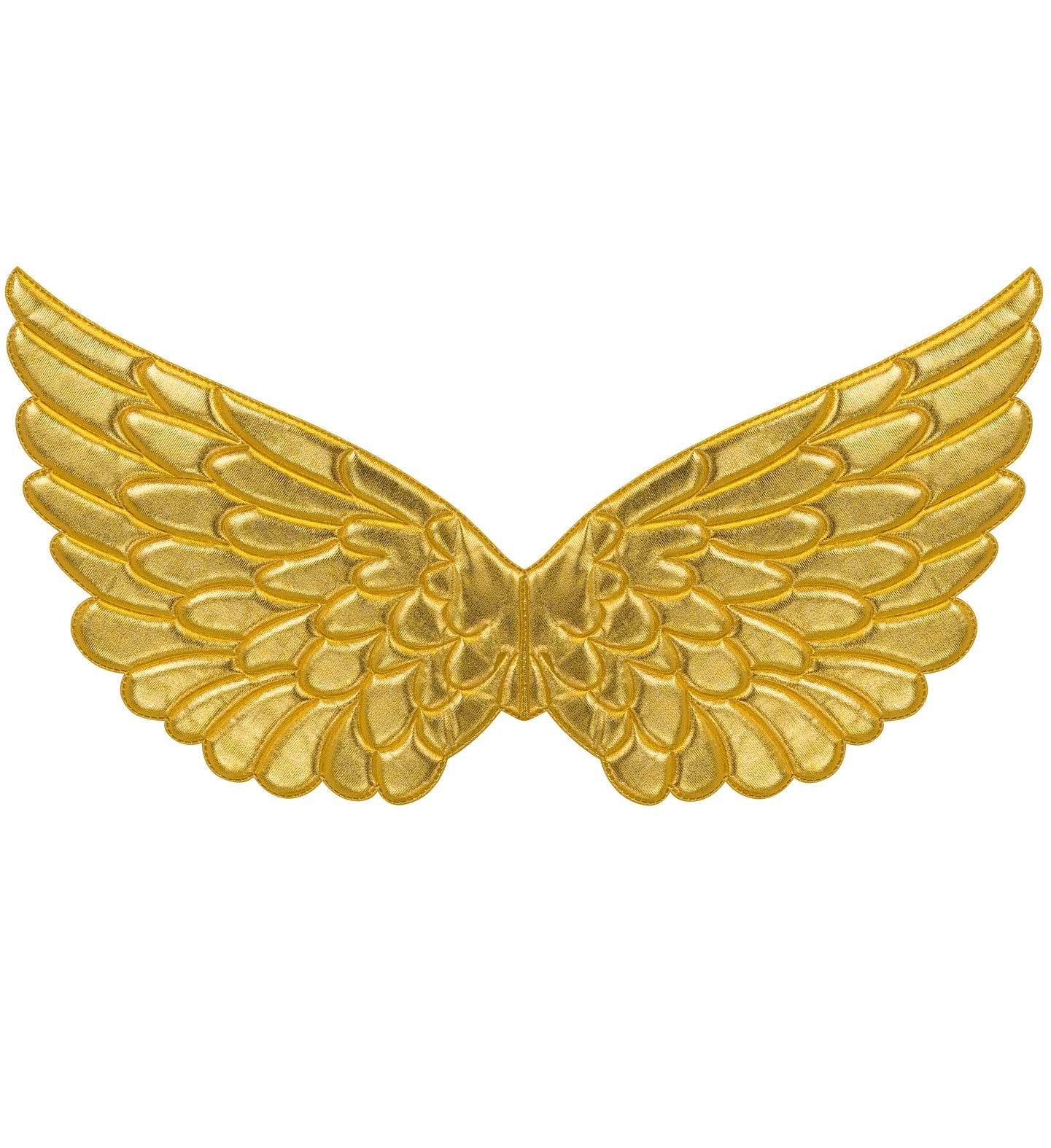 Pair of metallic gold fabric angel wings with stitched feather details on a white background.