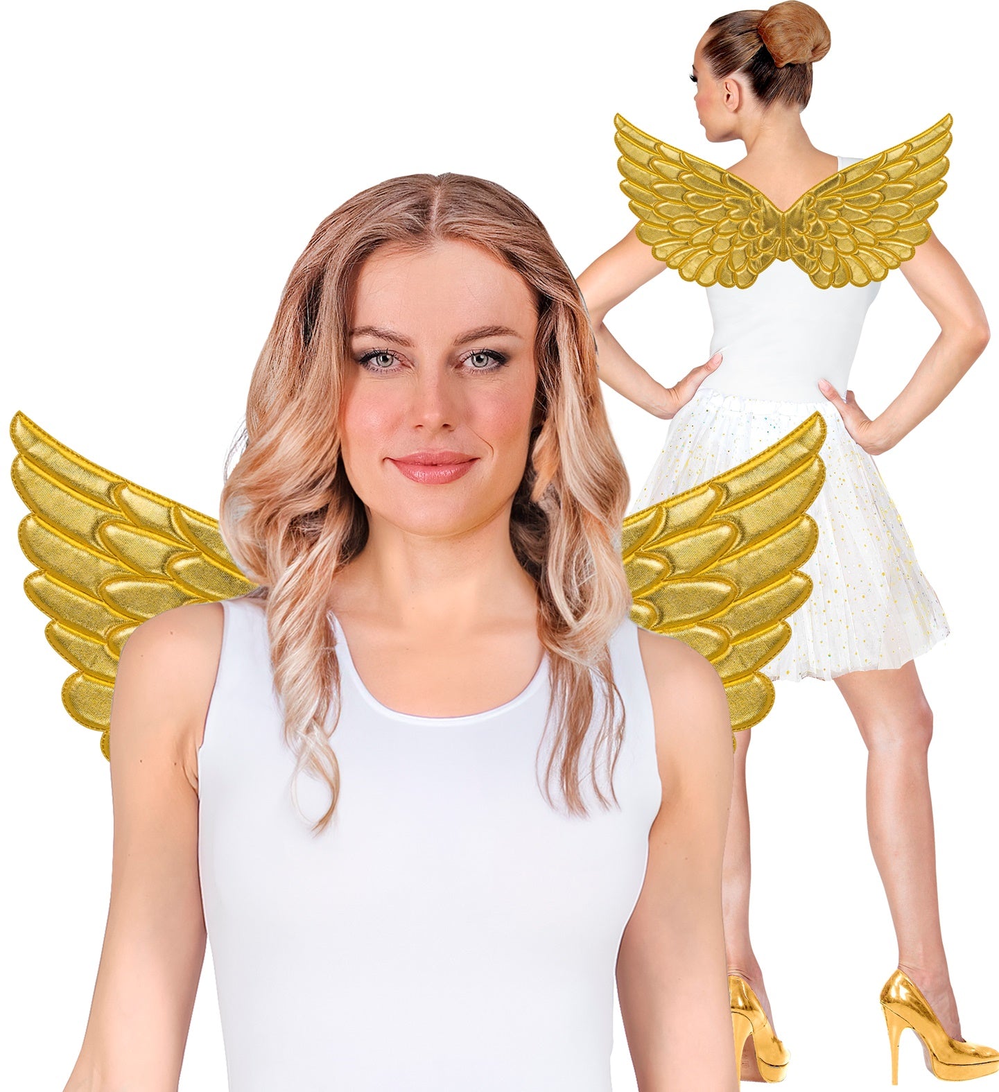 Woman modeling gold fabric angel wings with a white top. Back view of a woman wearing gold angel wings showing the fit and scale.
