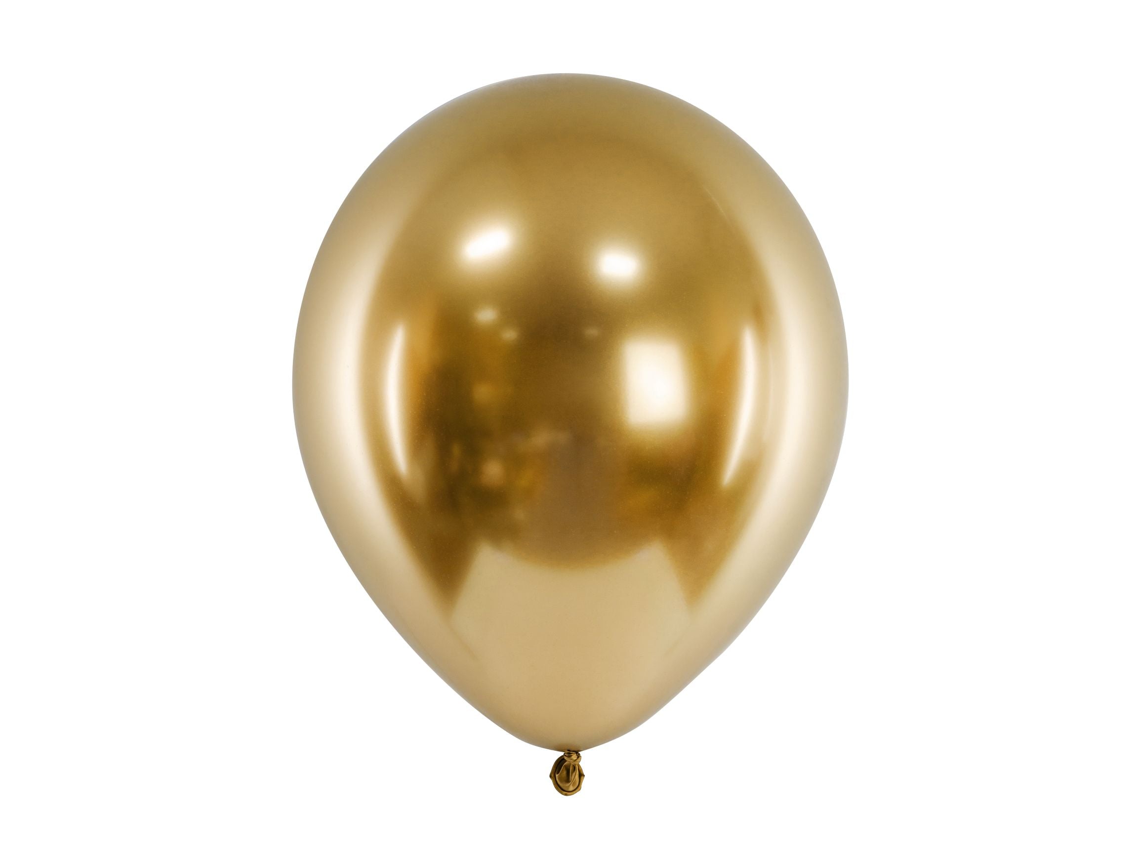 Single gold glossy balloon with a reflective mirror-like metallic finish on a white background.