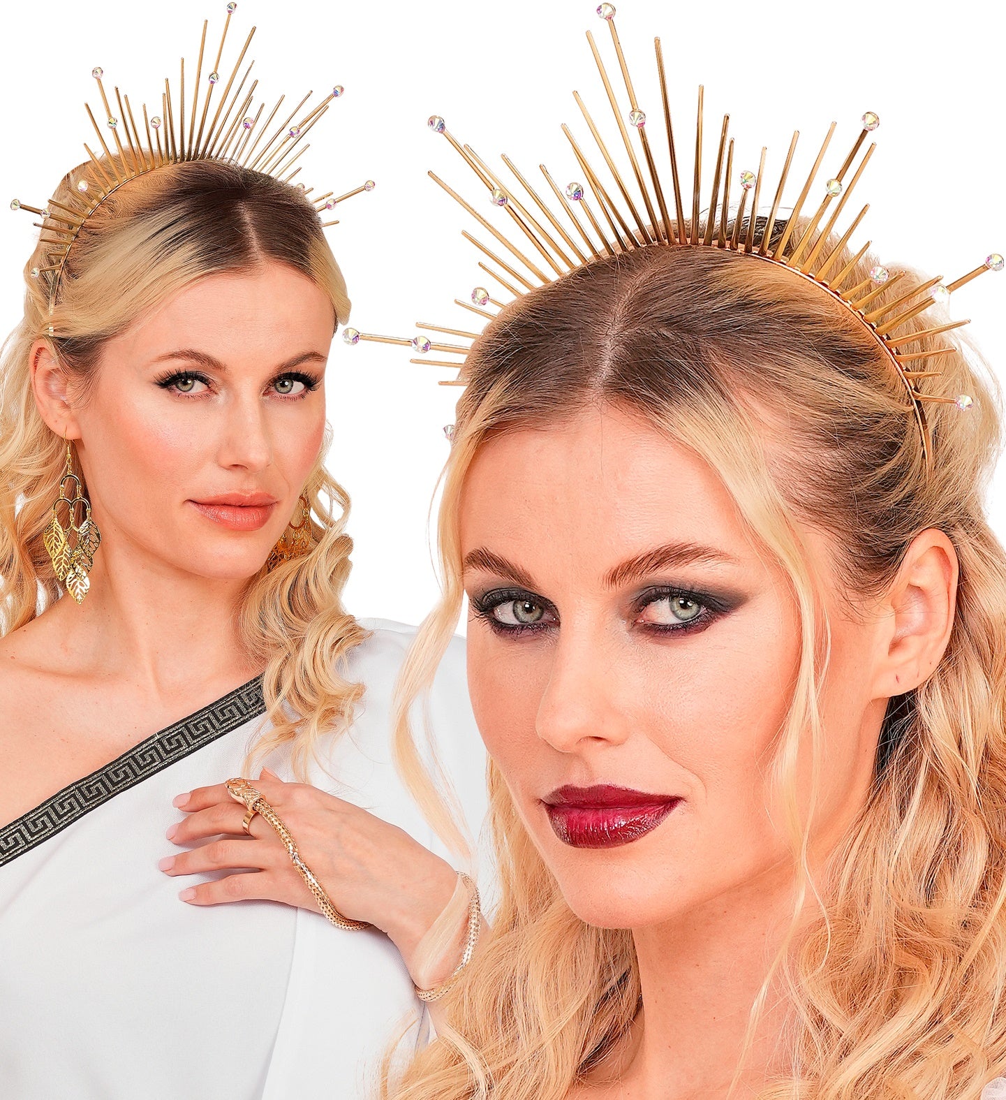 Two views of a woman wearing the gold halo headband, styled as a Greek Goddess with a white dress and dramatic makeup.