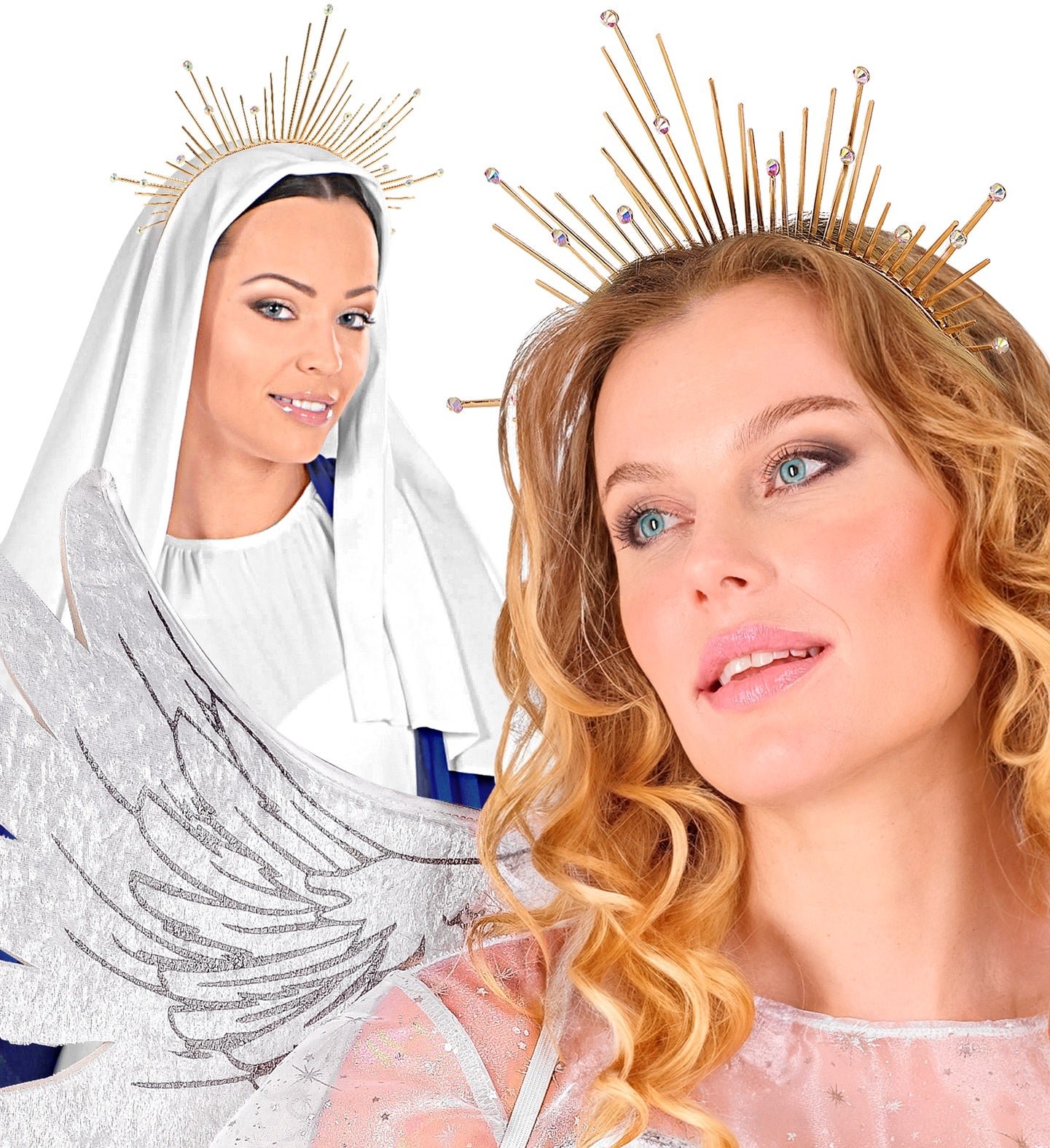 A collage showing two women modeling the gold sunburst halo headband, one as a celestial angel and the other as a saintly figure.