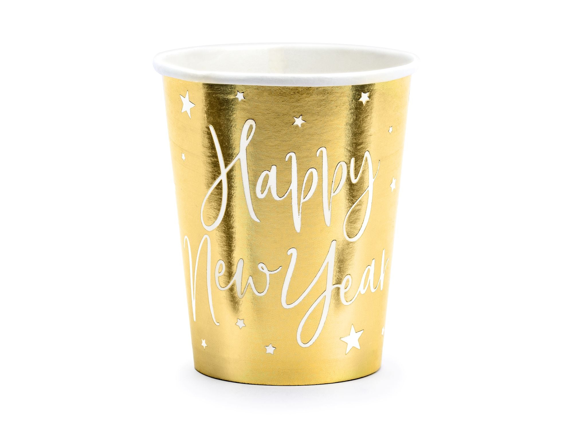 Single paper cup in mirror gold with white stars and Happy New Year inscription