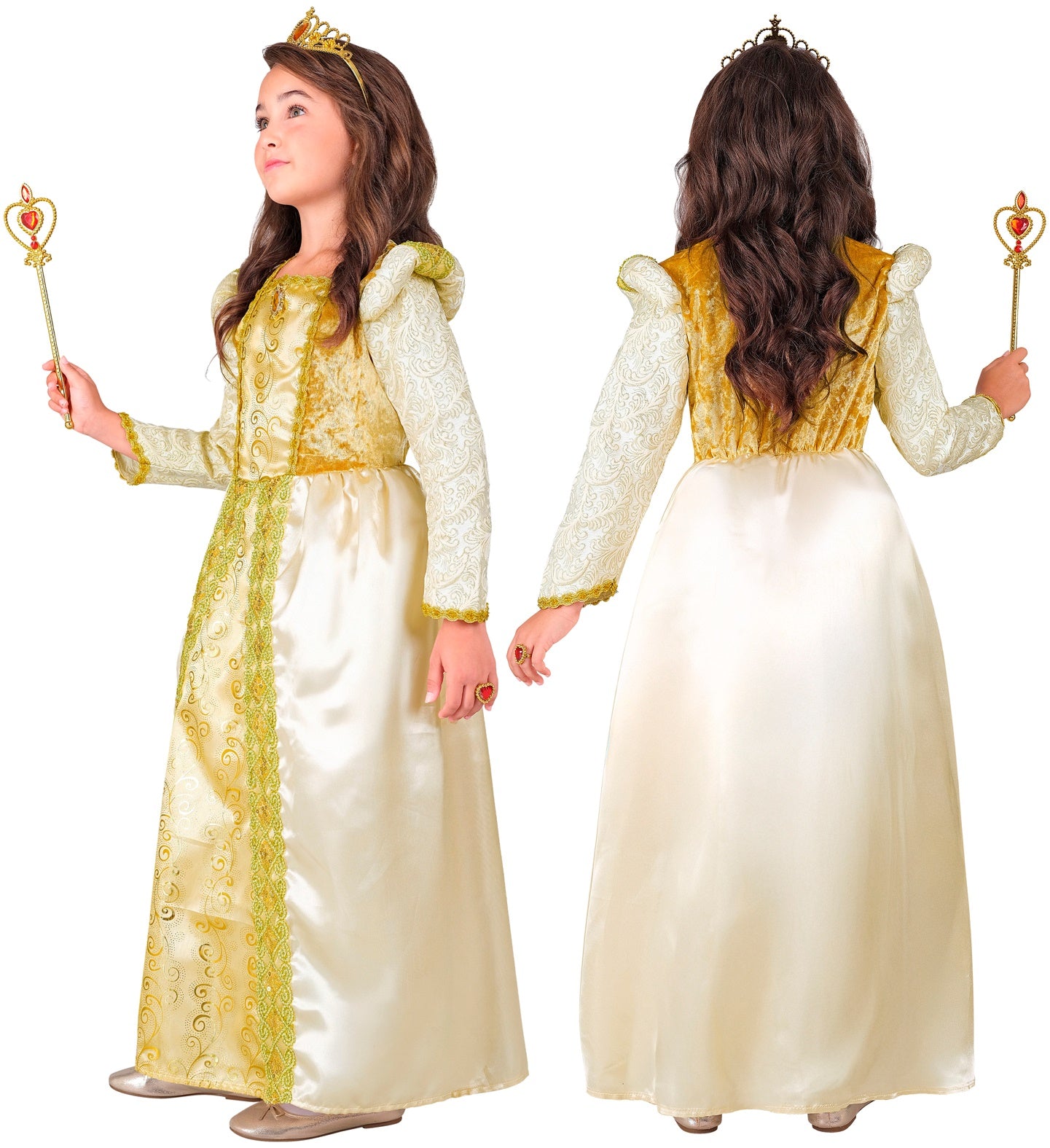 A composite image showing a young girl wearing a gold and ivory medieval-style dress and crown from both front-side profile and back views, holding a heart-topped scepter.