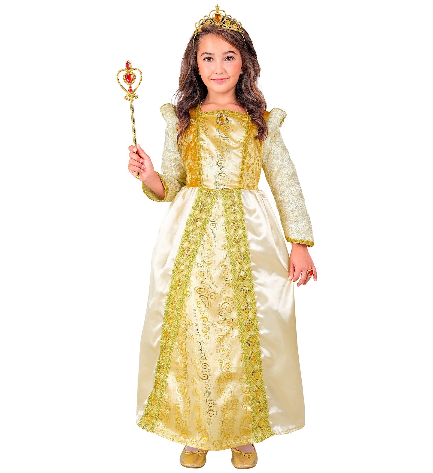 A child wearing a long, elegant gold and ivory medieval-style dress with a gold crown and holding a heart-topped scepter, standing against a white background.