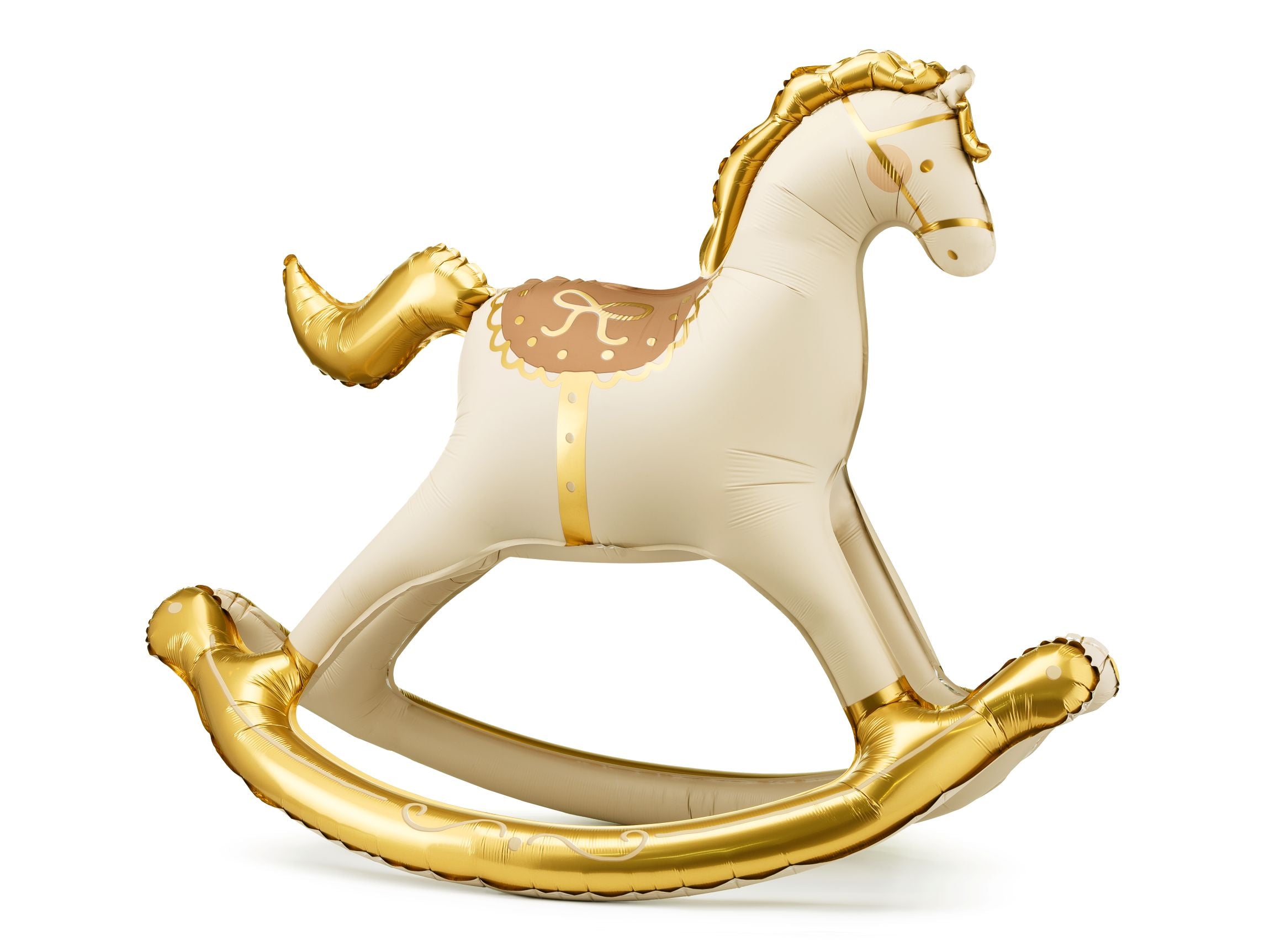 Large cream and gold rocking horse shaped standing foil balloon.
