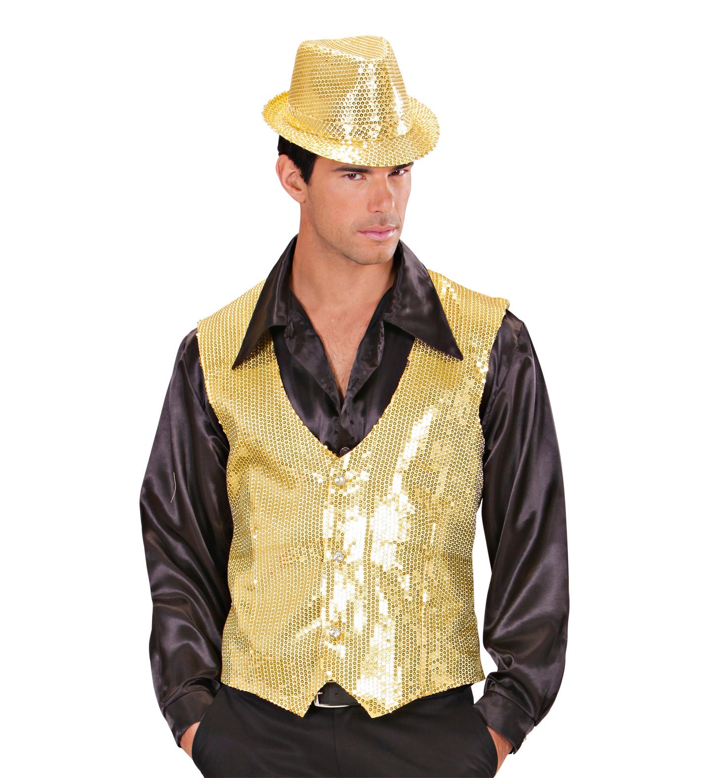 Man wearing a gold sequin vest and hat on a white background