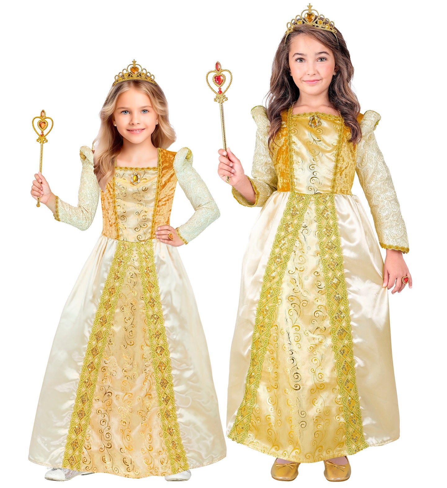 Two young children, both wearing elegant gold and ivory medieval-style dresses with matching gold crowns and holding heart-topped scepters, smiling at the camera on a white background.