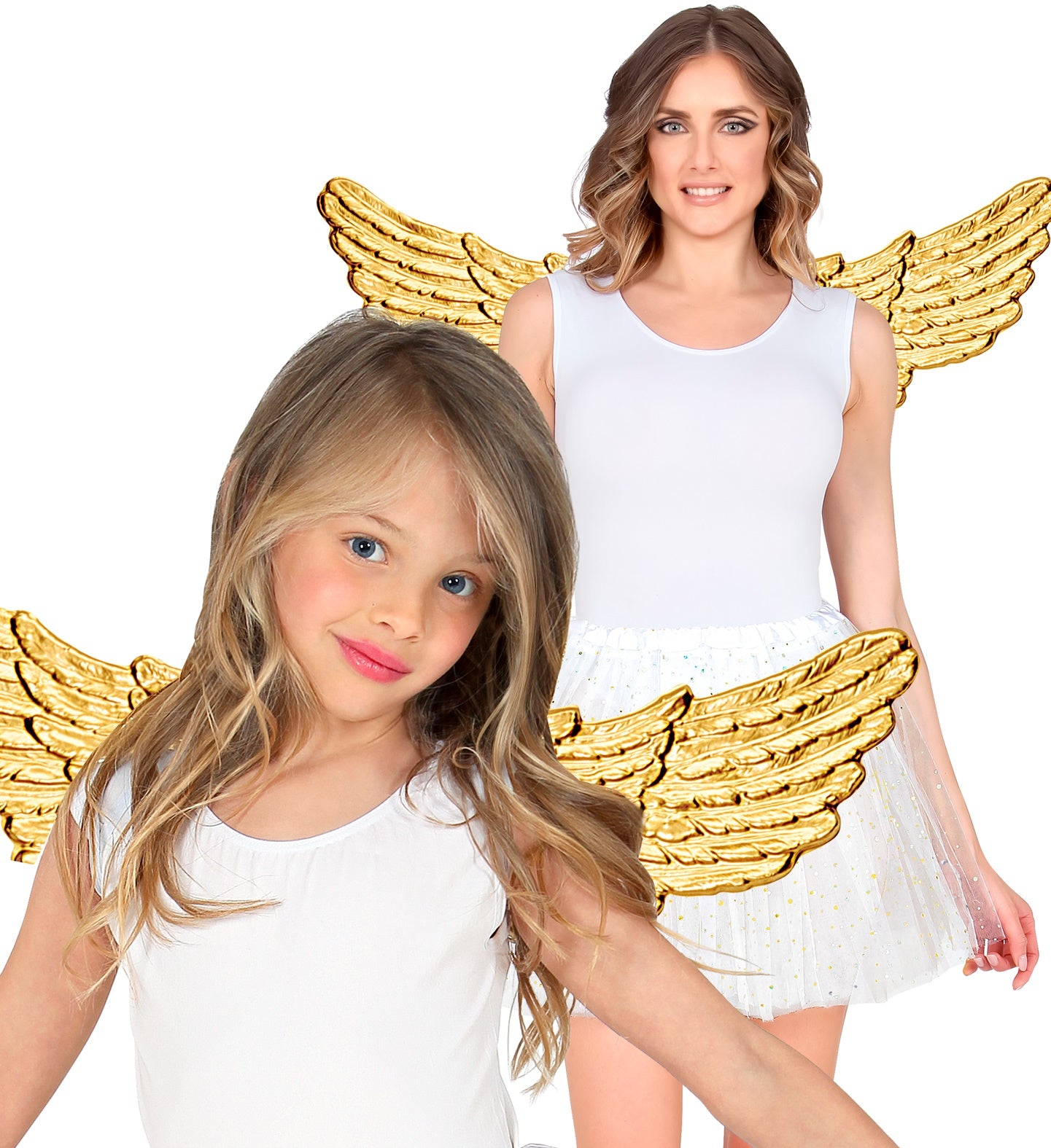 A collage showing a young girl and a woman wearing the gold metallic angel wings over white tops.