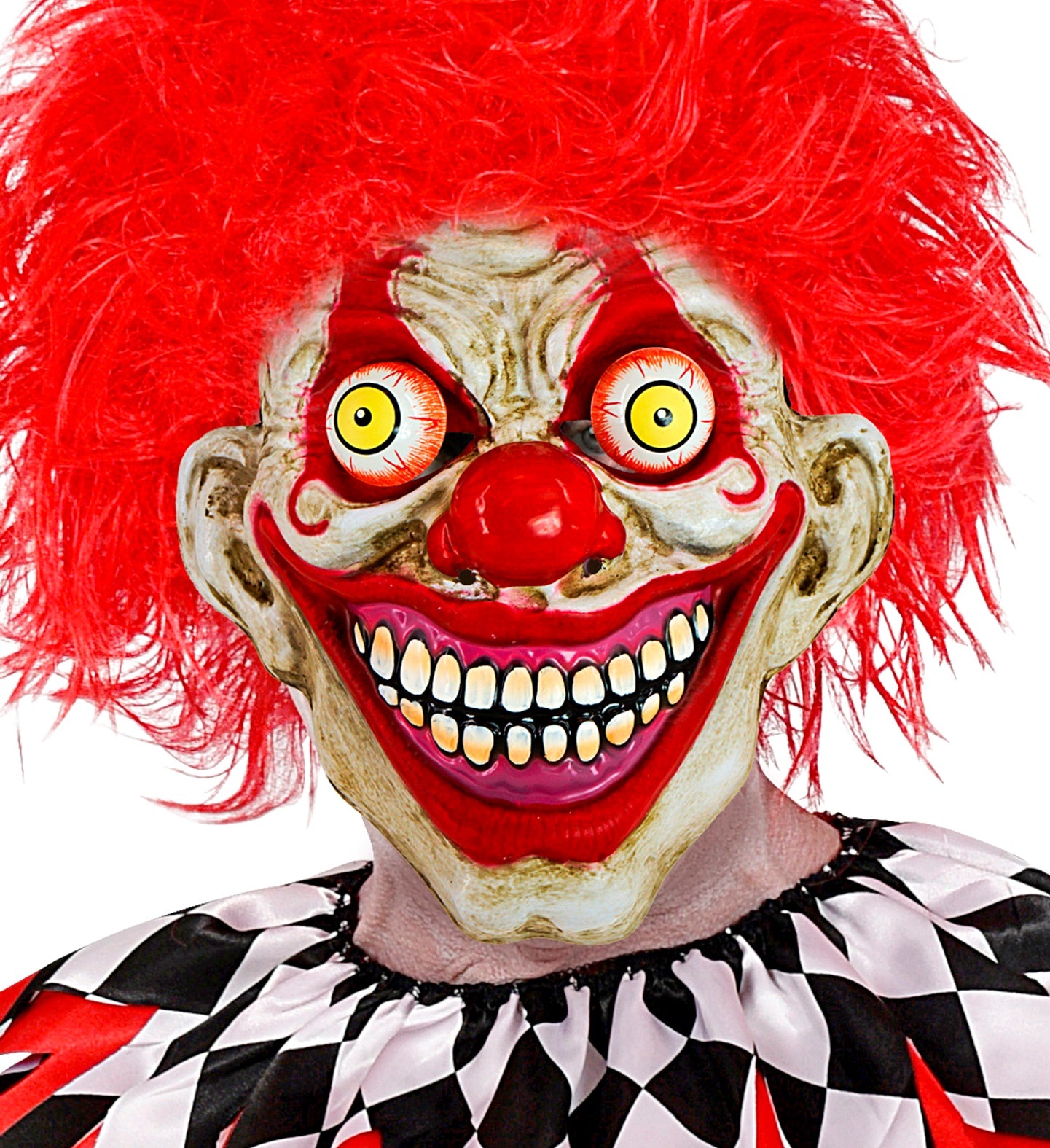 A person wearing a scary clown mask with moving googly eyes and a fluffy red wig, paired with a black, white, and red harlequin-style costume.