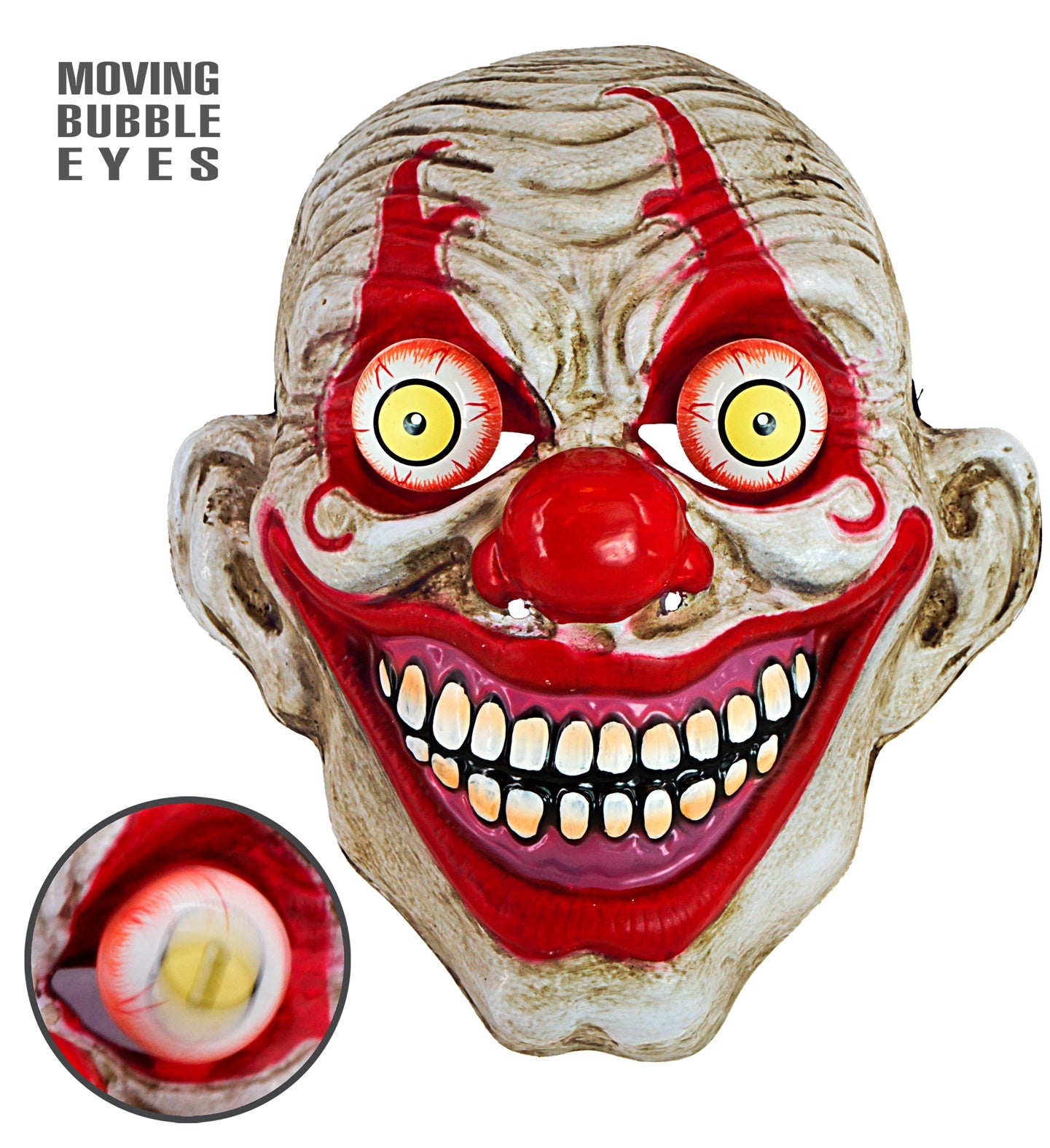 A PVC crazy clown mask with a wide toothy grin, wrinkled skin, and large moving bubble eyes. An inset shows a close-up of the jiggling eye.