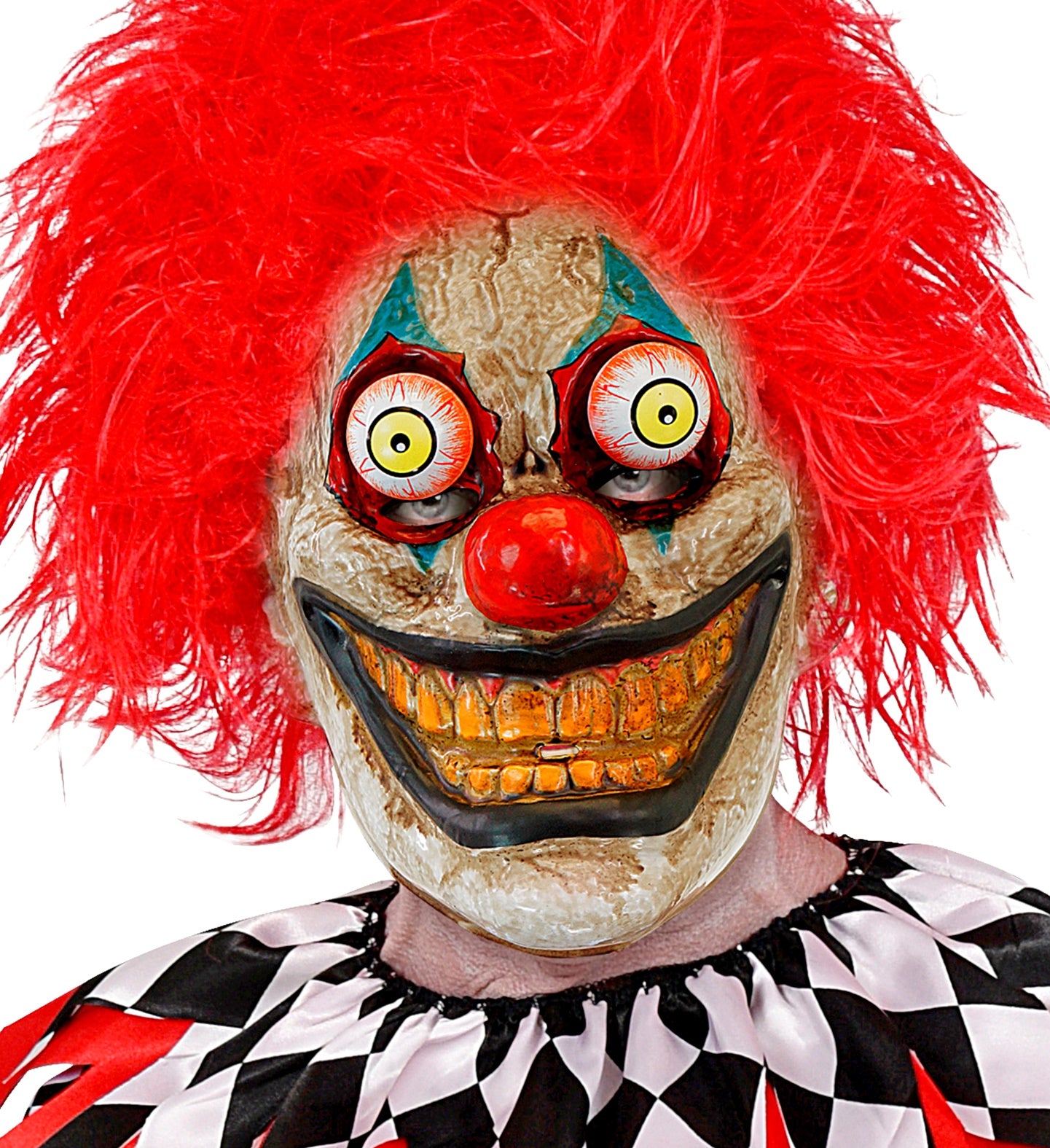 A person wearing a scary clown mask with jiggling googly eyes and a wild red wig, paired with a black and white clown costume.