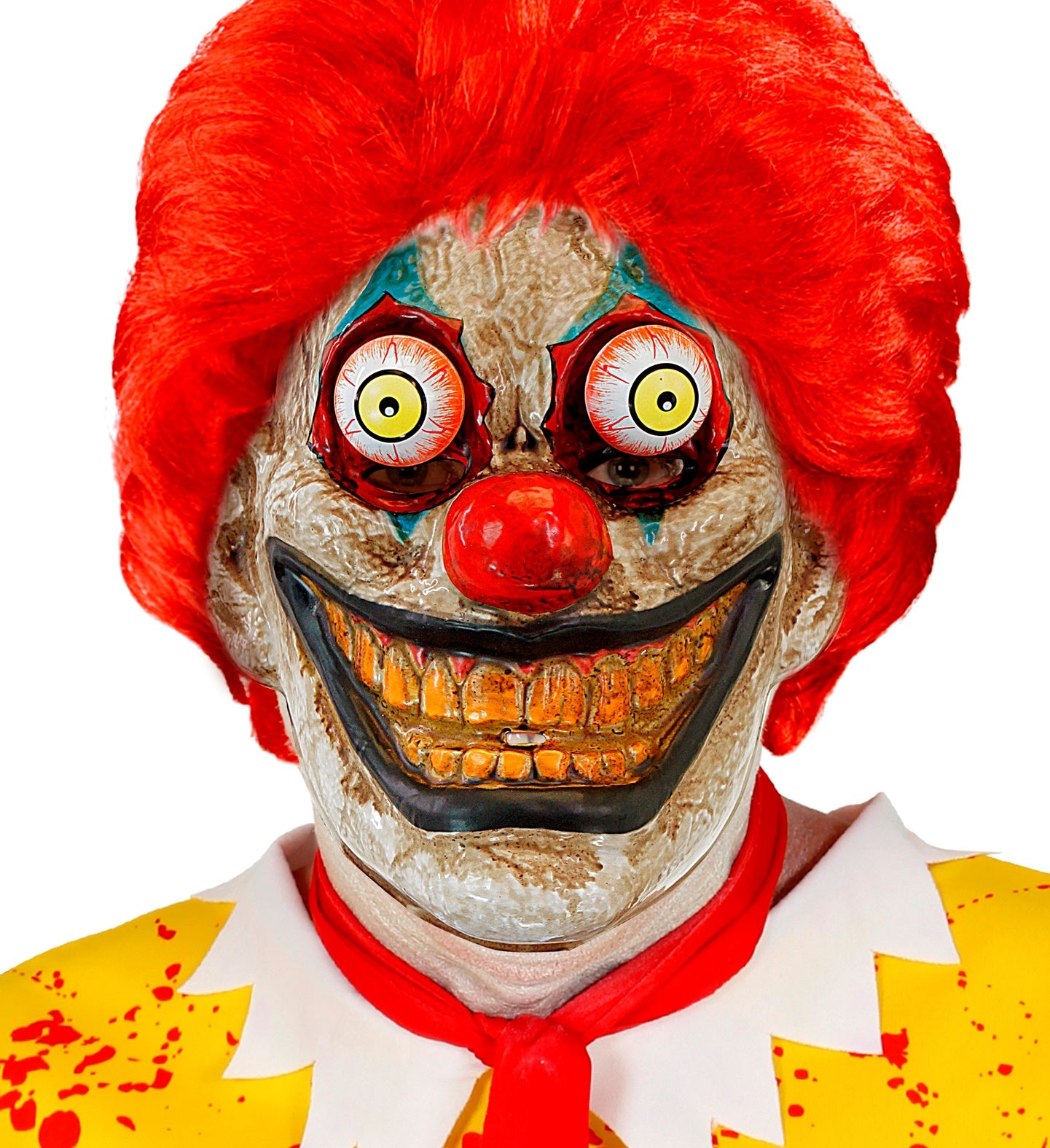 A close-up of a person in a terrifying clown mask with large moving bubble eyes and a red wig, wearing a yellow blood-splattered costume.