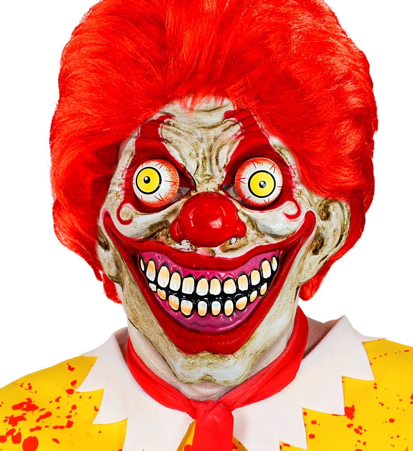 A close-up of a person in a terrifyingly cheerful clown mask with large moving eyes and a red wig, wearing a yellow costume.