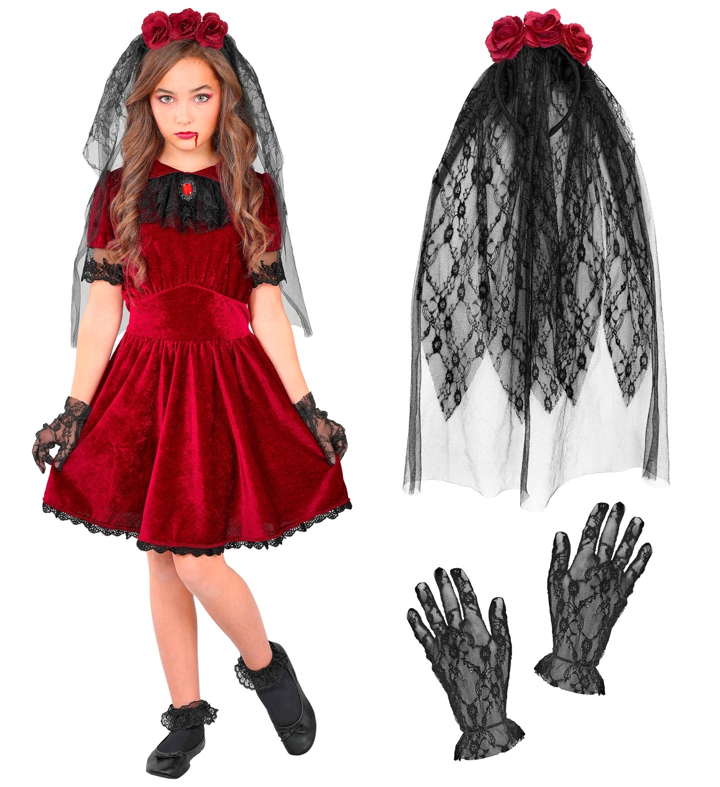 A product layout showing a child in a gothic vampire bride outfit alongside separate views of the included components: the black rose veil headband, the mesh fingerless gloves, and the red and black dress.