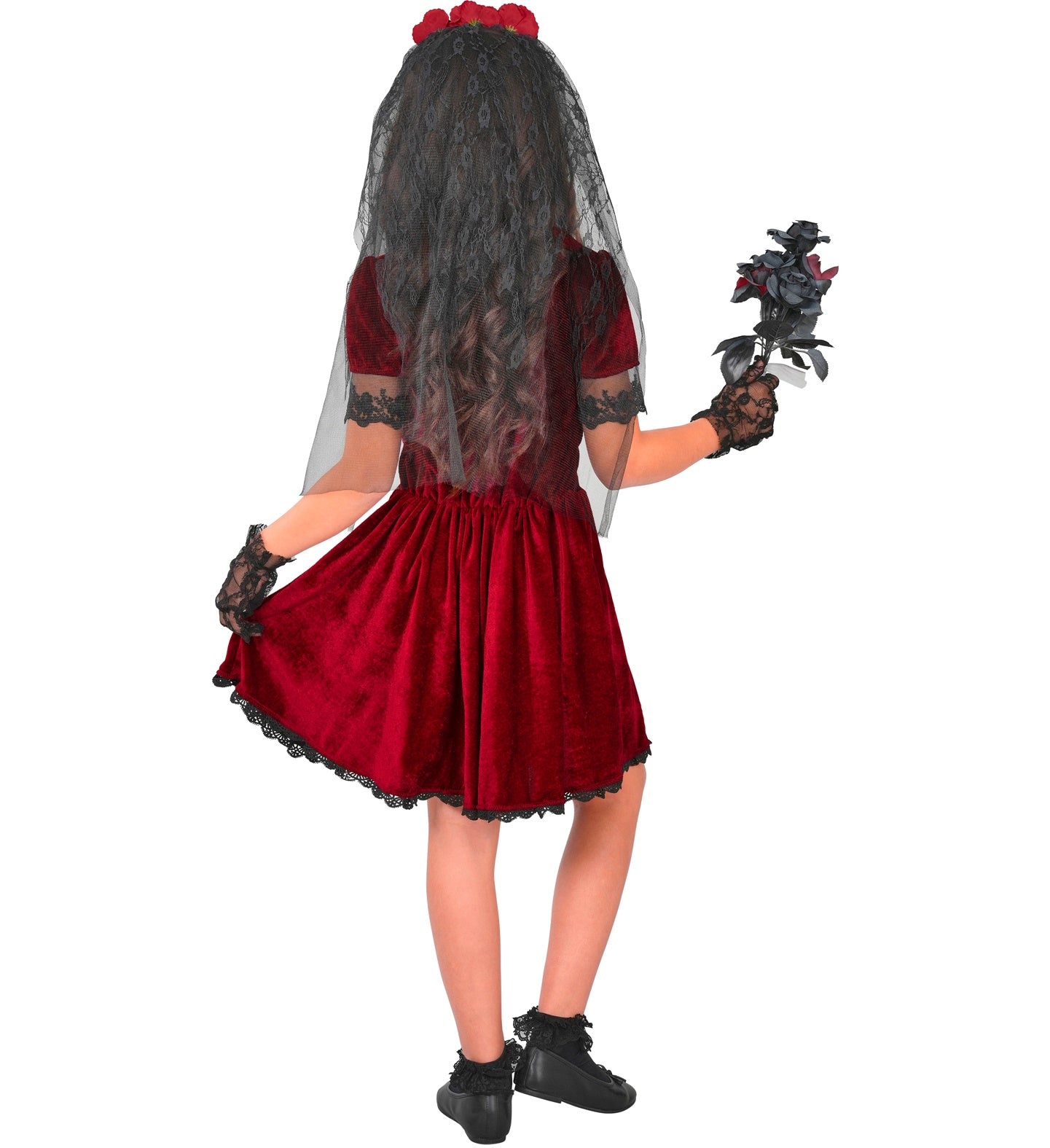 The back view of a child wearing a gothic vampire bride dress, showcasing the long black trailing veil, the smooth back paneling of the red and black dress, and the jagged tattered hemline.