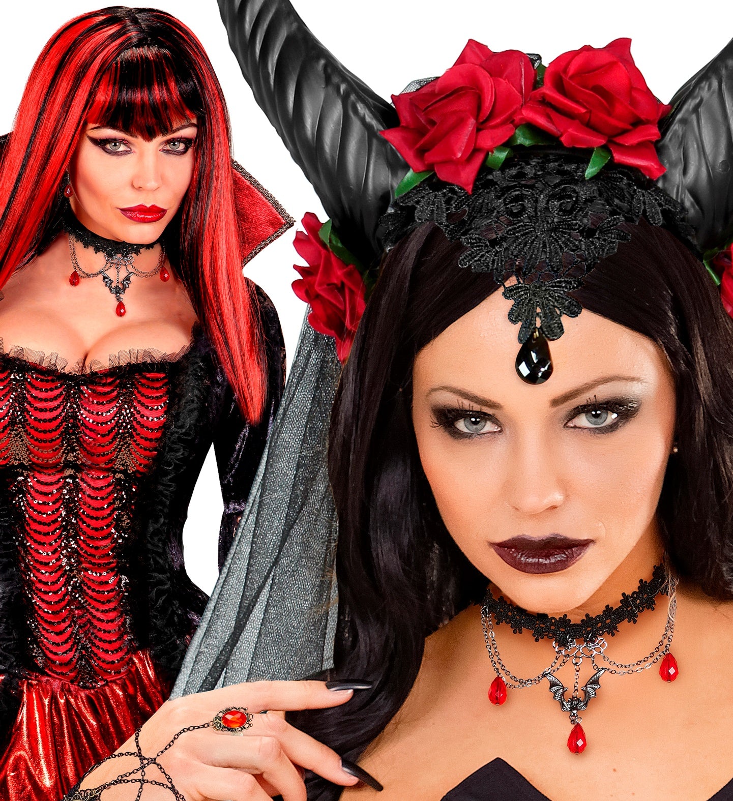 A collage showing a woman in a vampire costume and another in a demoness costume, both wearing the gothic bat choker and earring set.
